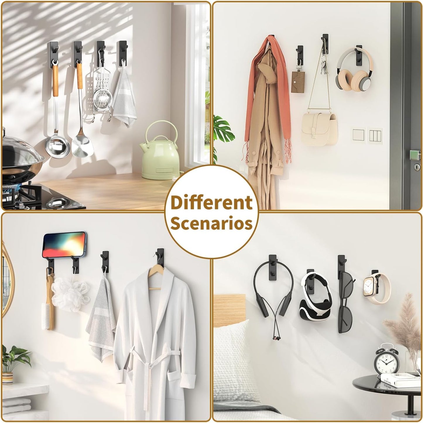 Self Adhesive Coat Hooks for Hanging: Heavy Duty Stainless Wall Hook for Towel, Backpack, Hat, Sturdy Metal Hanger for Bathroom, Bedroom, Door, Dorm, 4-Pack, Matt Black