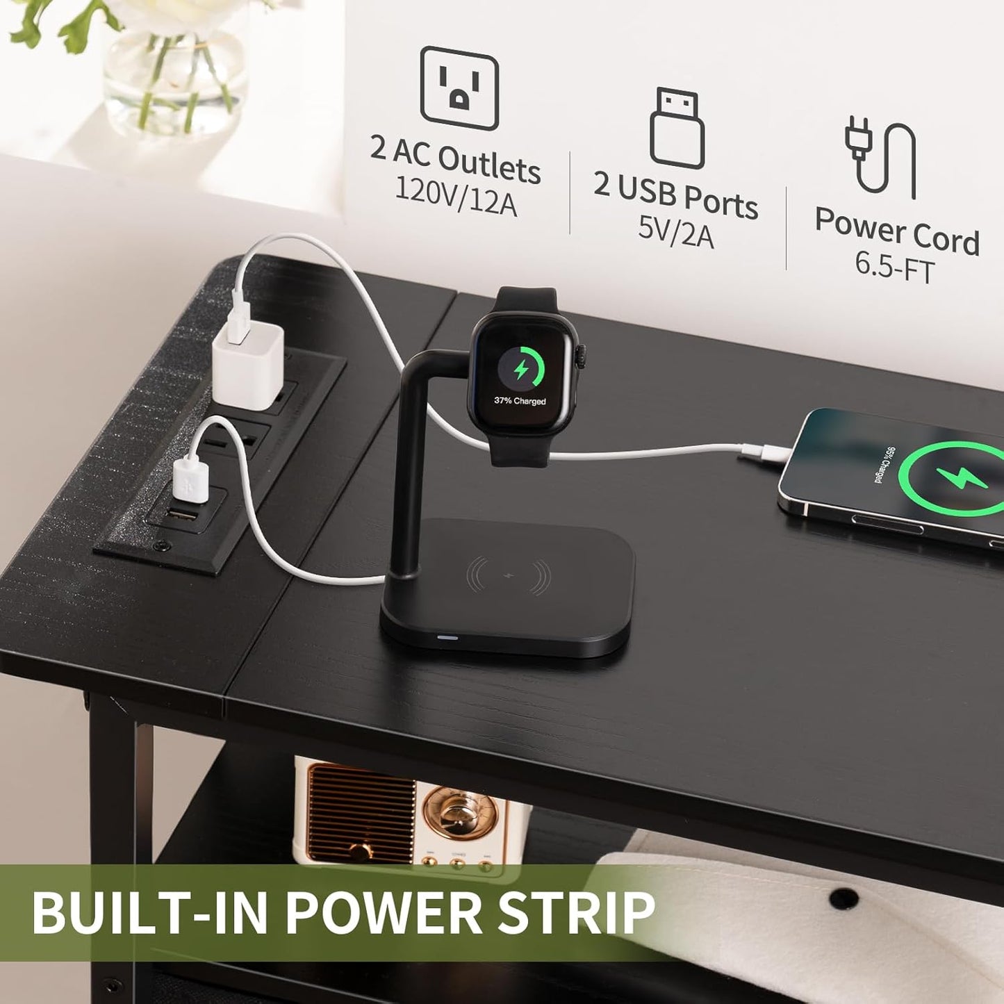 End Table with Charging Station, Narrow Side Table with Adjustable Fabric Drawer, 3-Tier End Tables Living Room, Small Nightstand with Outlets, LED Skinny Night Stand for Bedroom Small Spaces