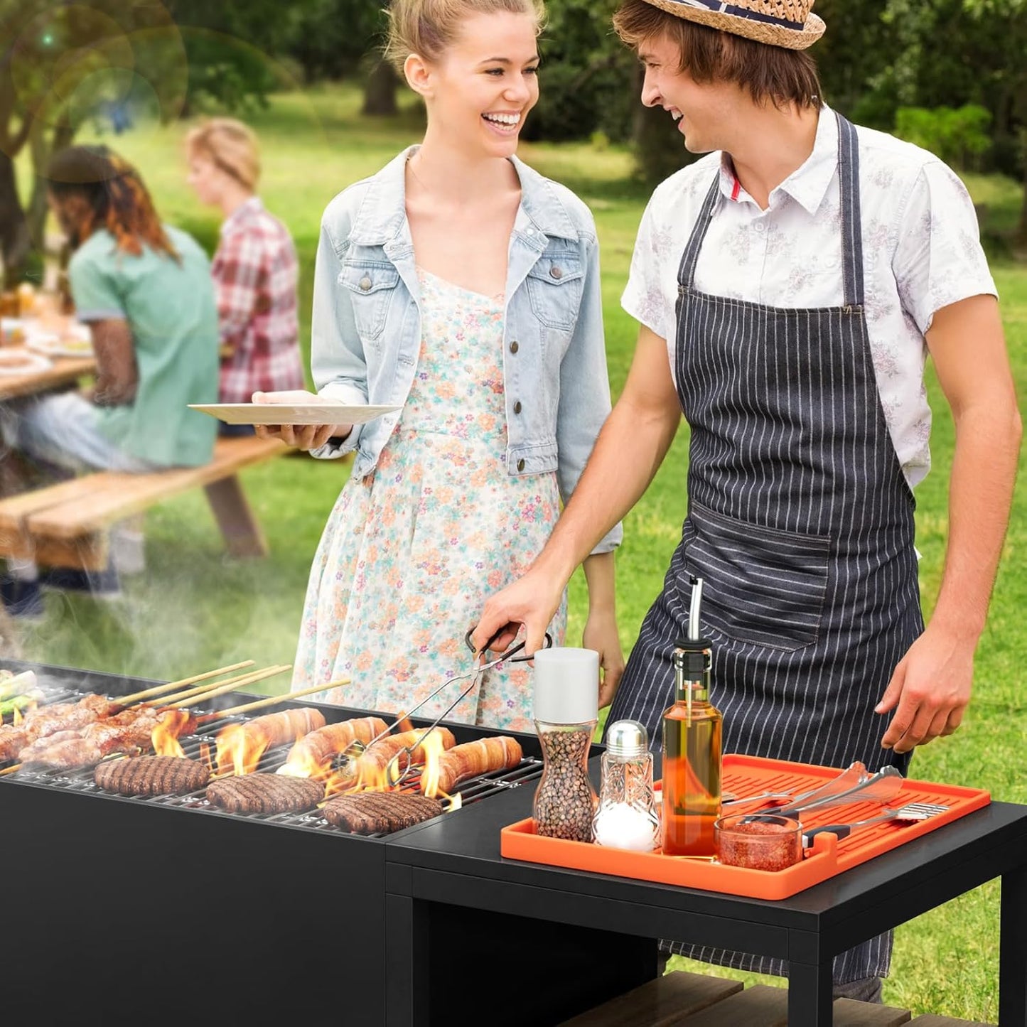 Silicone Griddle Mat with Seasoning Jar Holder and Side Shelf Pad for Outdoor Grilling Accessories, BBQ Tool Rest, and Kitchen Aid Attachments (Orange)