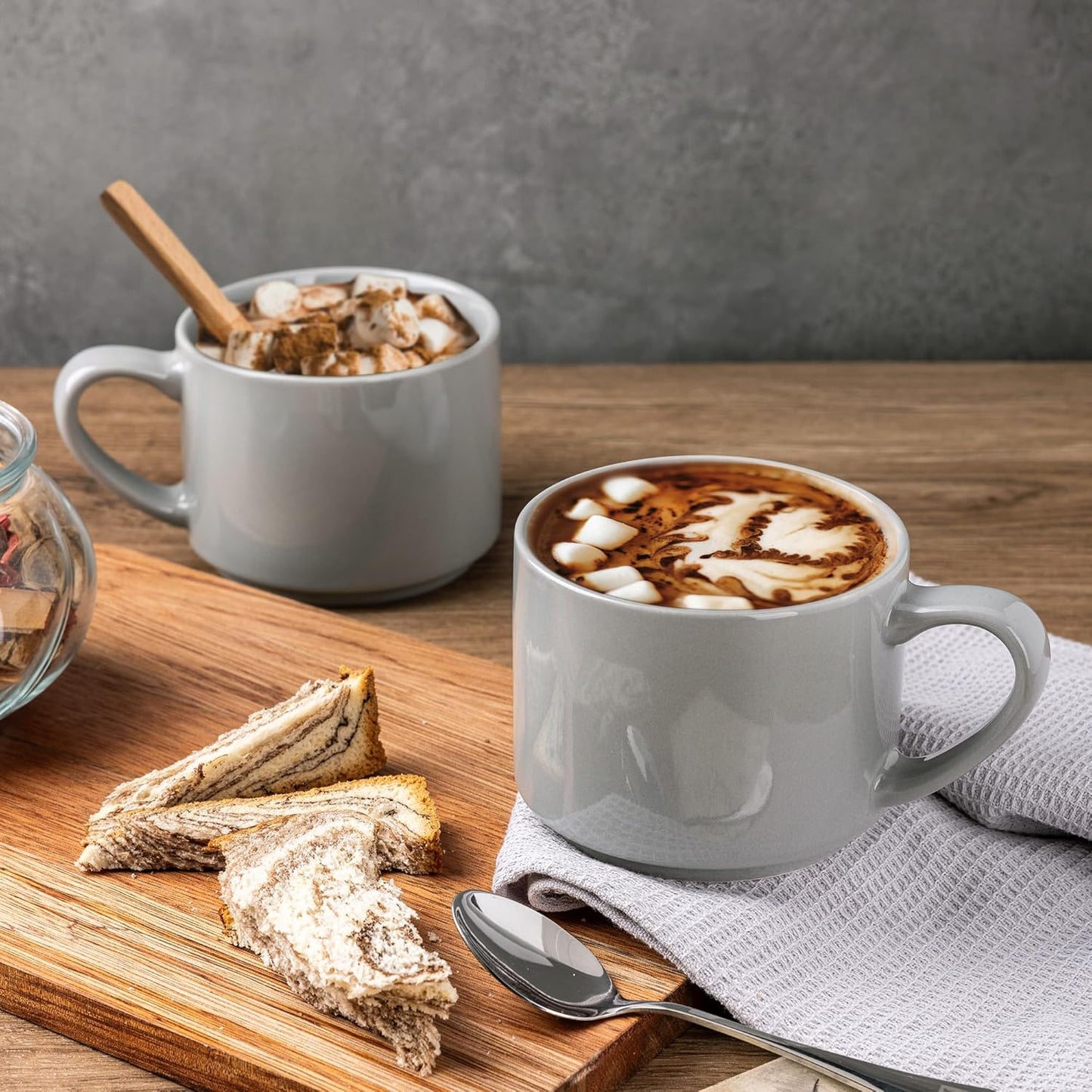 Set of 6 Modern 14oz Stackable Grey Ceramic Coffee Mugs for Hot Beverages