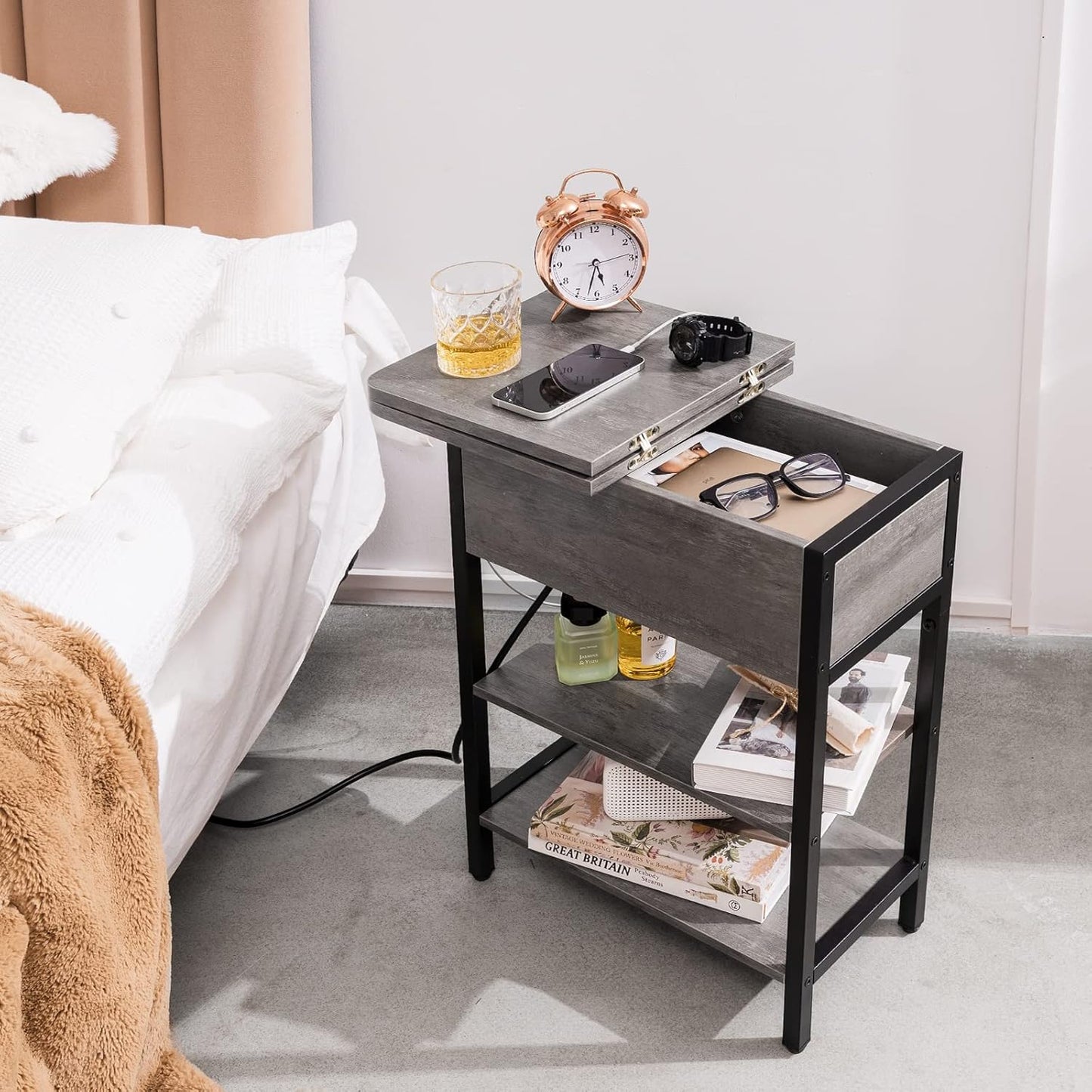 End Table with Charging Station, Flip Top Side Table with USB Ports and Outlets, Sofa Couch Table Bedside Table for Living Room Bedroom, Narrow Nightstand with Storage Shelves for Small Space
