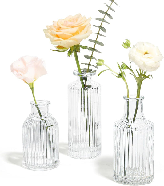 Glass Bud Vases Set of 3, Small Flower Vases in Bulk, Mini Ribbed Vases for Centerpieces, Clear Vintage Vase for Table Decorations, Wedding, Party, Receptions, Home Decor (Different Sizes)