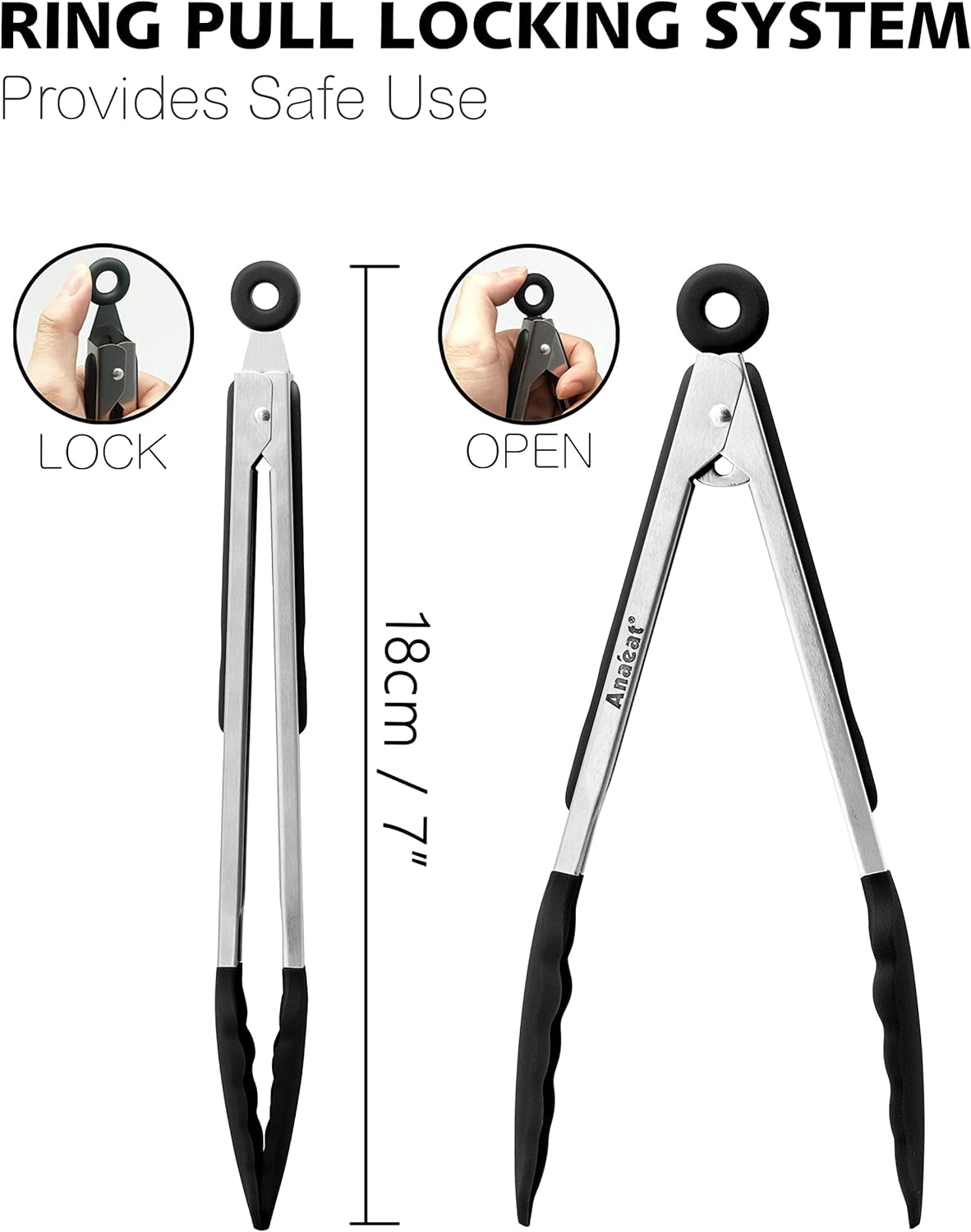 Non-Stick Silicone Locking Tong - Stainless Steel 7" Mini Kitchen Food Tongs with Non-Slip Silicone Tips and Grip for Cooking, Baking and BBQ - Heat Resistant up to 480°F (Black)