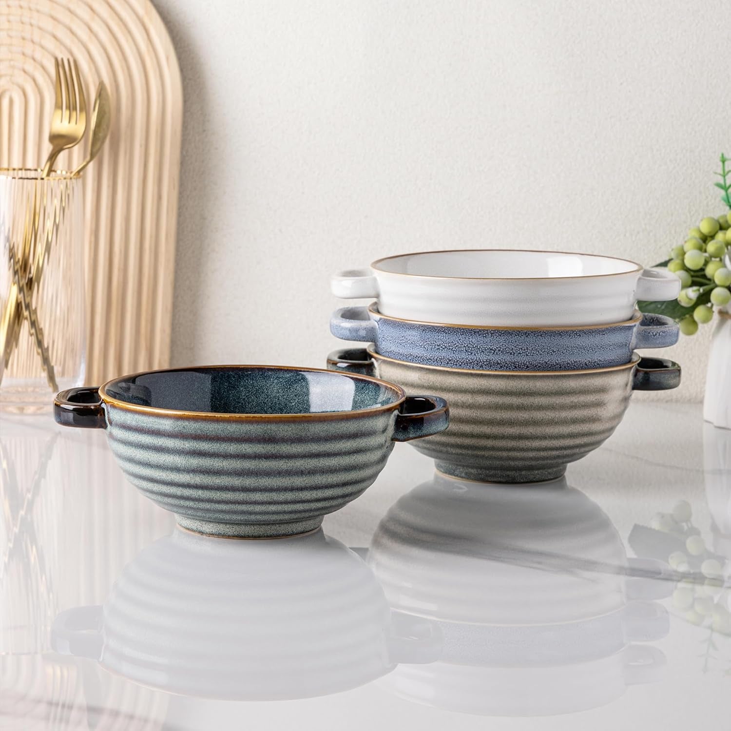 Ceramic Soup Bowls Set with Double Handles, 24 OZ Capacity, Ideal for Soup, Cereal, Stew, Salad, Noodles, and Ramen, Microwave and Dishwasher Safe, Set of 4