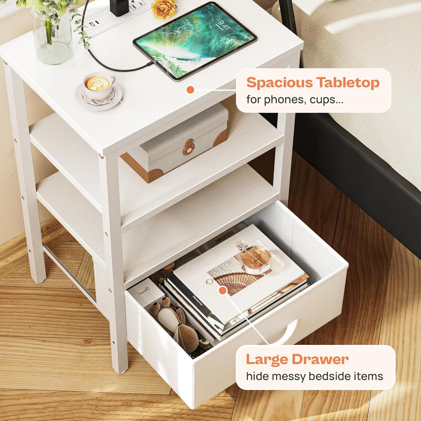 White Nightstand with Charging Station and Adjustable Fabric Drawer, 3-Tier Storage End Table for Bedroom and Living Room