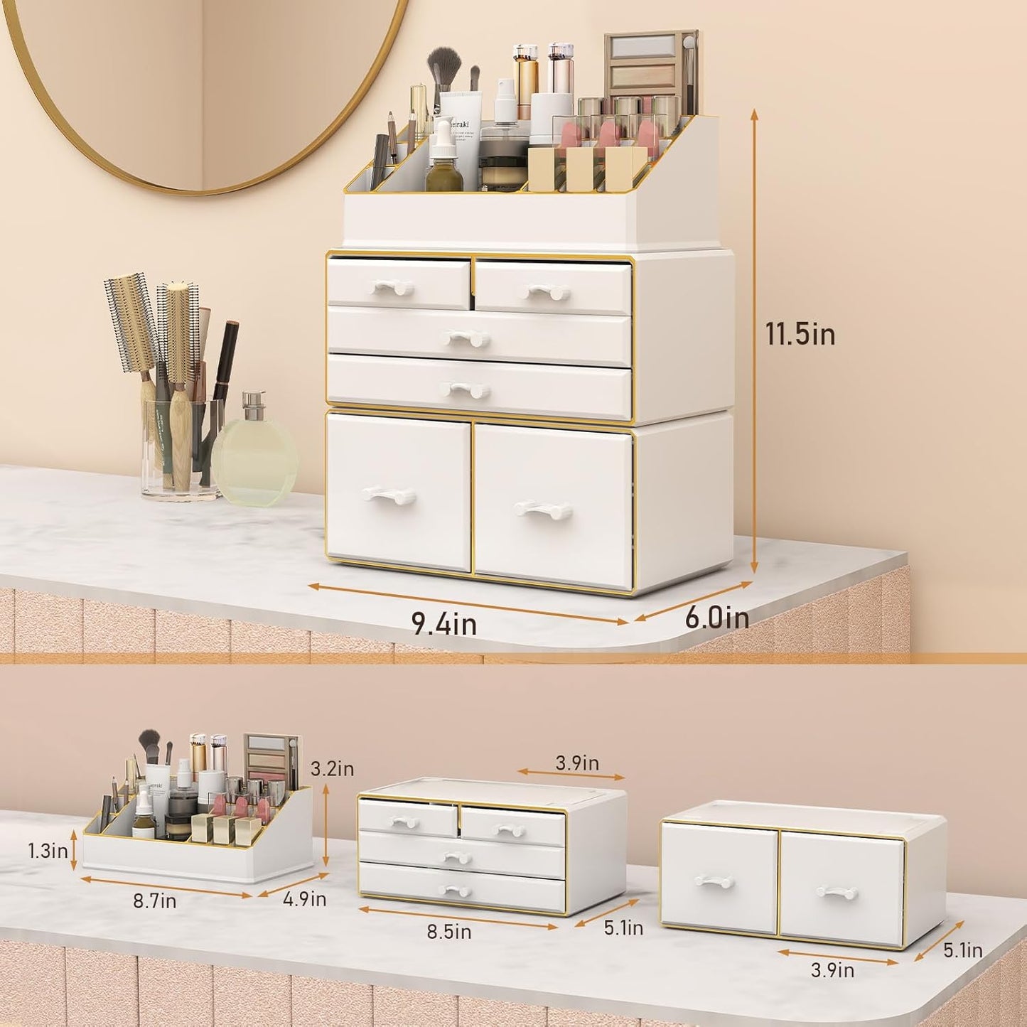 3-Tier 6-Drawer Makeup Organizer Countertop | Cosmetic Organizer for Dresser and Vanity | Bathroom Organizers and Storage for Lipstick Brush Skincare Perfume, Nail Polish(White with Gold Edges)