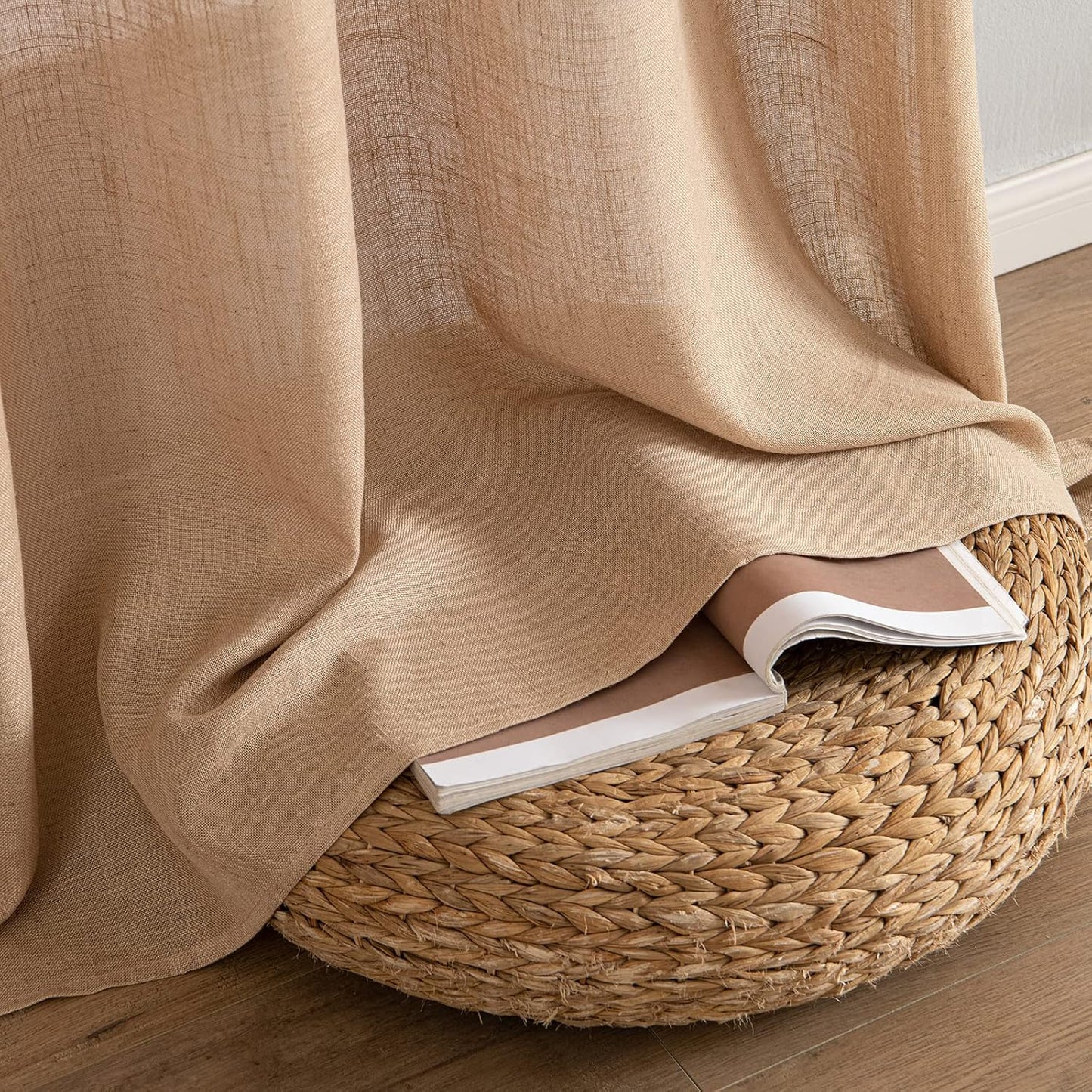 Brown Thick Linen Curtains 84 Inch Length for Bedroom Living Room, Linen Textured Window Drapes Semi Sheer Light Filtering Grommet Top Burlap Look, 2 Panels, Width 38 X Length 84 Inches
