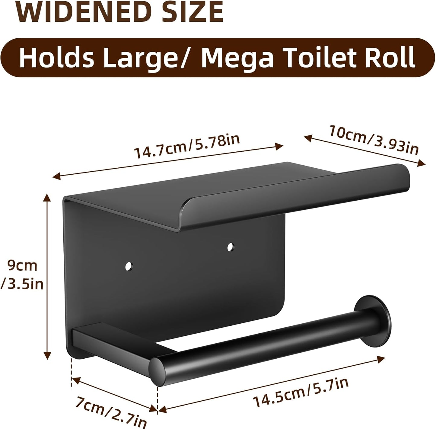 Adhesive Toilet Paper Holder with Phone Shelf, Wall Mounted Toilet Paper Roll Holder, Rustproof Bathroom Tissue Roll Holder with Shelf, Sticky Toilet Paper Roll Holder- Matte Black…