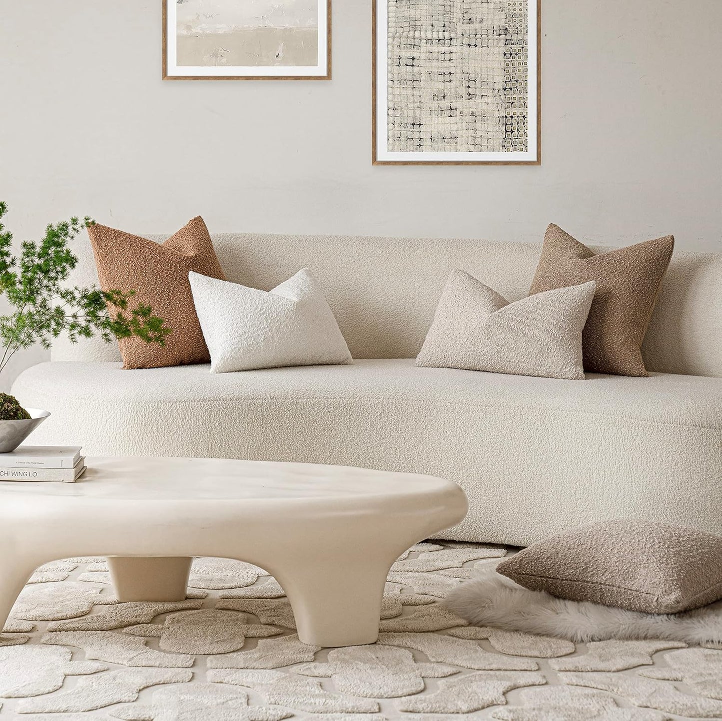 Pack of 2 Textured Boucle Throw Pillow Covers Accent Solid Lumbar Pillow Cases Cozy Soft Decorative Couch Cushion Case for Chair Sofa Bedroom Living Room Home Decor, 12 X 20 Inch,Beige