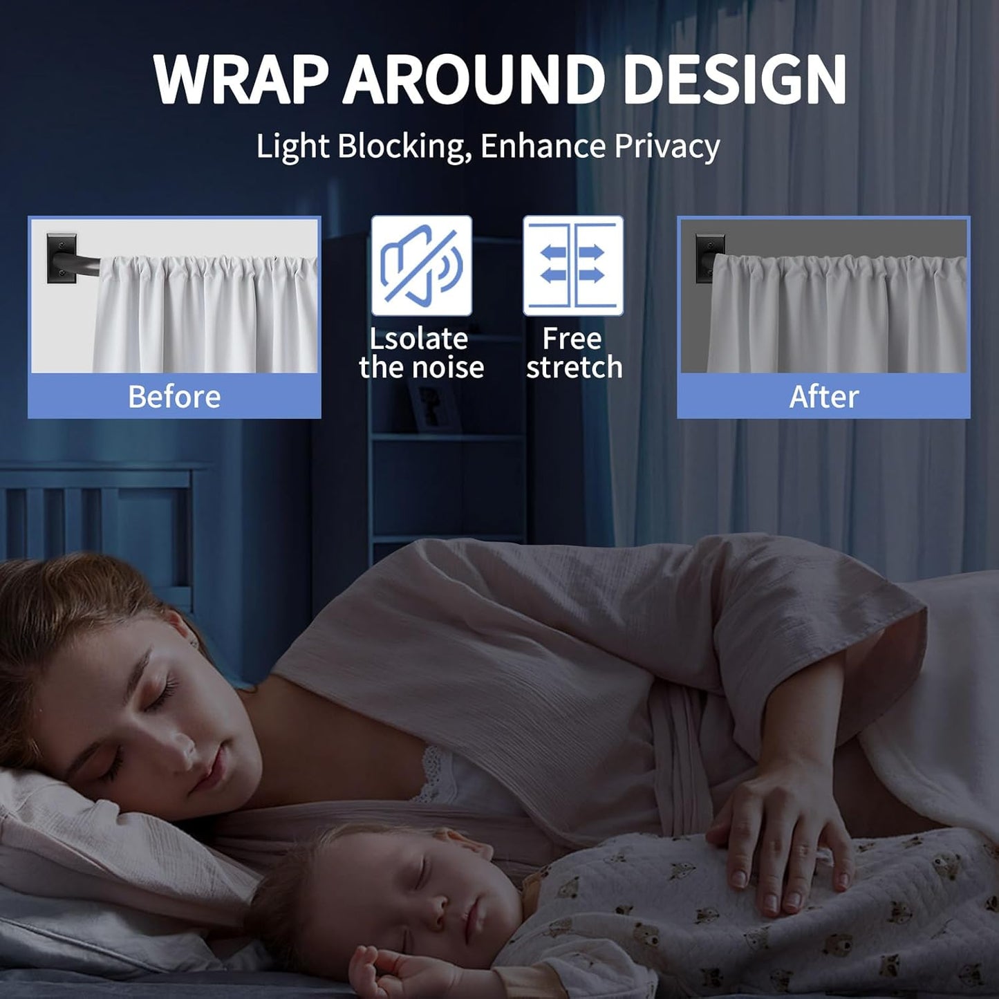 Blackout Curtain Rod for Windows 28 to 48 Inches, Wrap around Heavy Duty Rod for Darkening, Modern Decorative Curtain Treatment, Matte Black