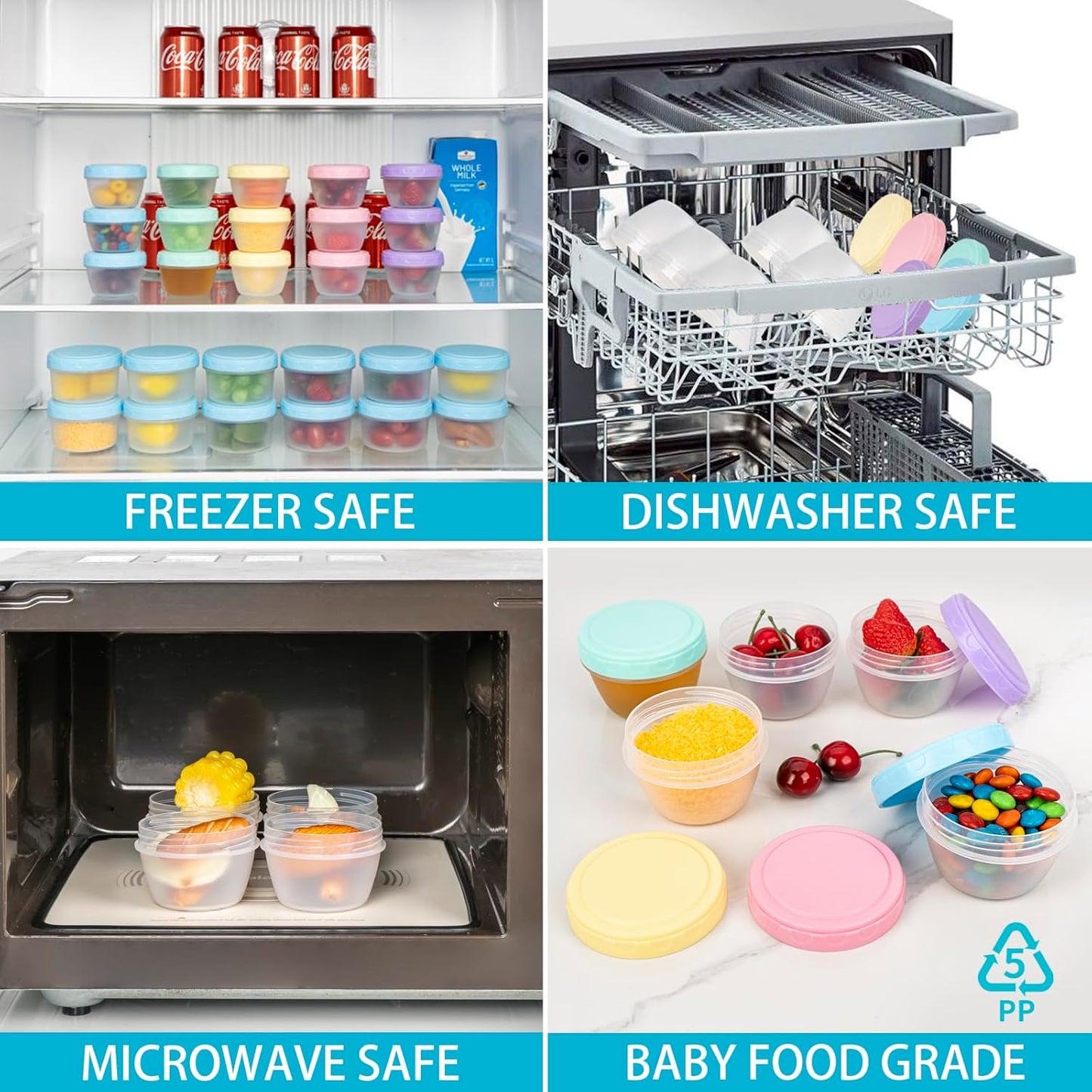 Small Food Containers with Lids for Baby Toddler 4 Oz, 15 Pack Easy Open Ultra Thick Reusable Plastic Freezer Kids Food Storage Box for Snack Lunch Daycare School, Measuring, Dishwasher Safe, BPA Free