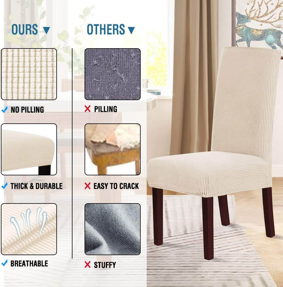 Stretch Dining Chair Covers Set of 2 Chair Covers for Dining Room Parsons Chair Slipcover Chair Protectors Covers Dining, Feature Textured Checked Jacquard Fabric, Natural