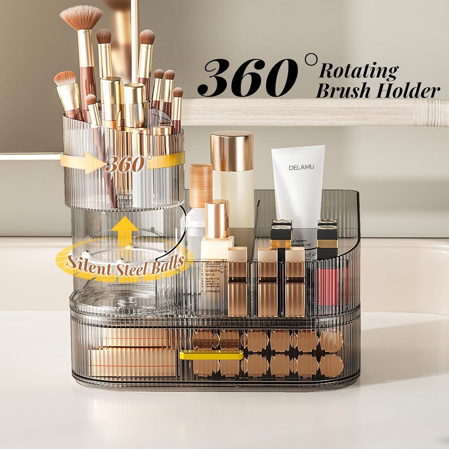 Makeup Organizer for Vanity with Stackable Drawers, 360 Rotating Makeup Brush Holder Large Cosmetic Display Case for Dresser, Bathroom Countertop Skincare Organizers and Storage, Crystal Black