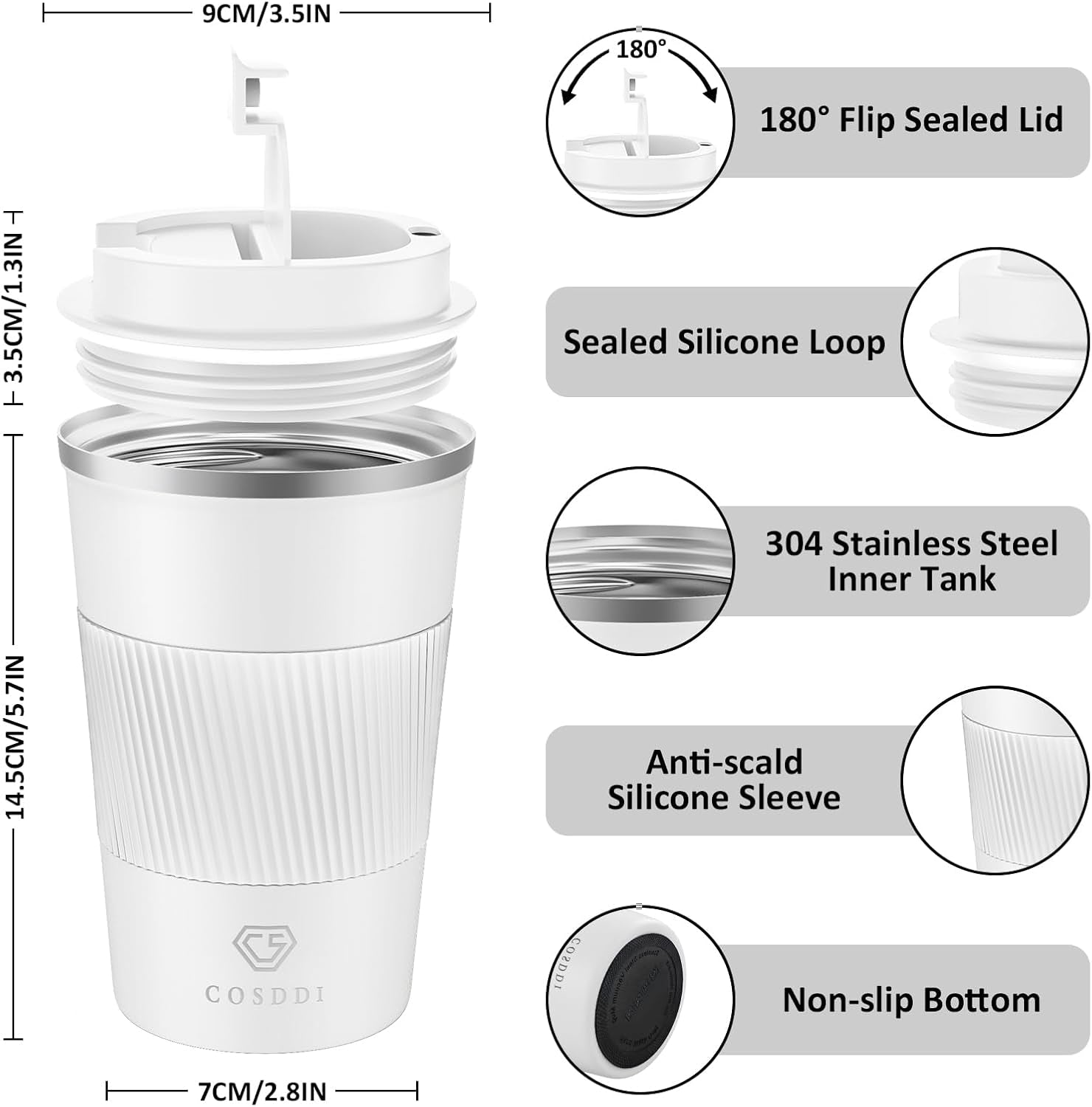 12 Oz Stainless Steel Vacuum Insulated Tumbler - Coffee Travel Mug Spill Proof with Lid - Coffee Cup for Keep Hot/Ice Coffee,Tea and Beer (White)