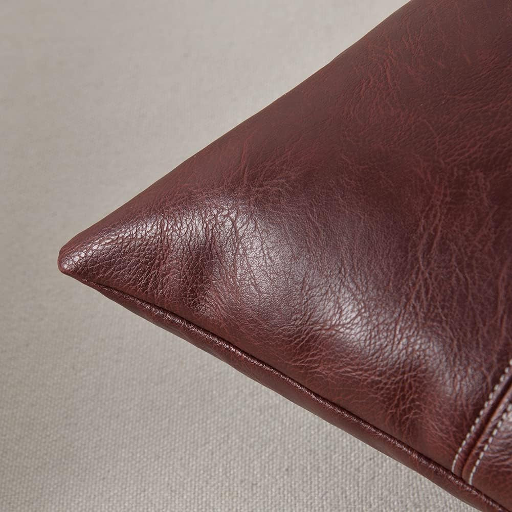 Burgundy Lumbar Waterproof Faux Leather Decorative Throw Pillow Covers 12X20 Inch for Living Room Couch Bed, Modern Farmhouse Boho Home Decor, Wine Red Hand Stitched Cushion Case 30X50 Cm