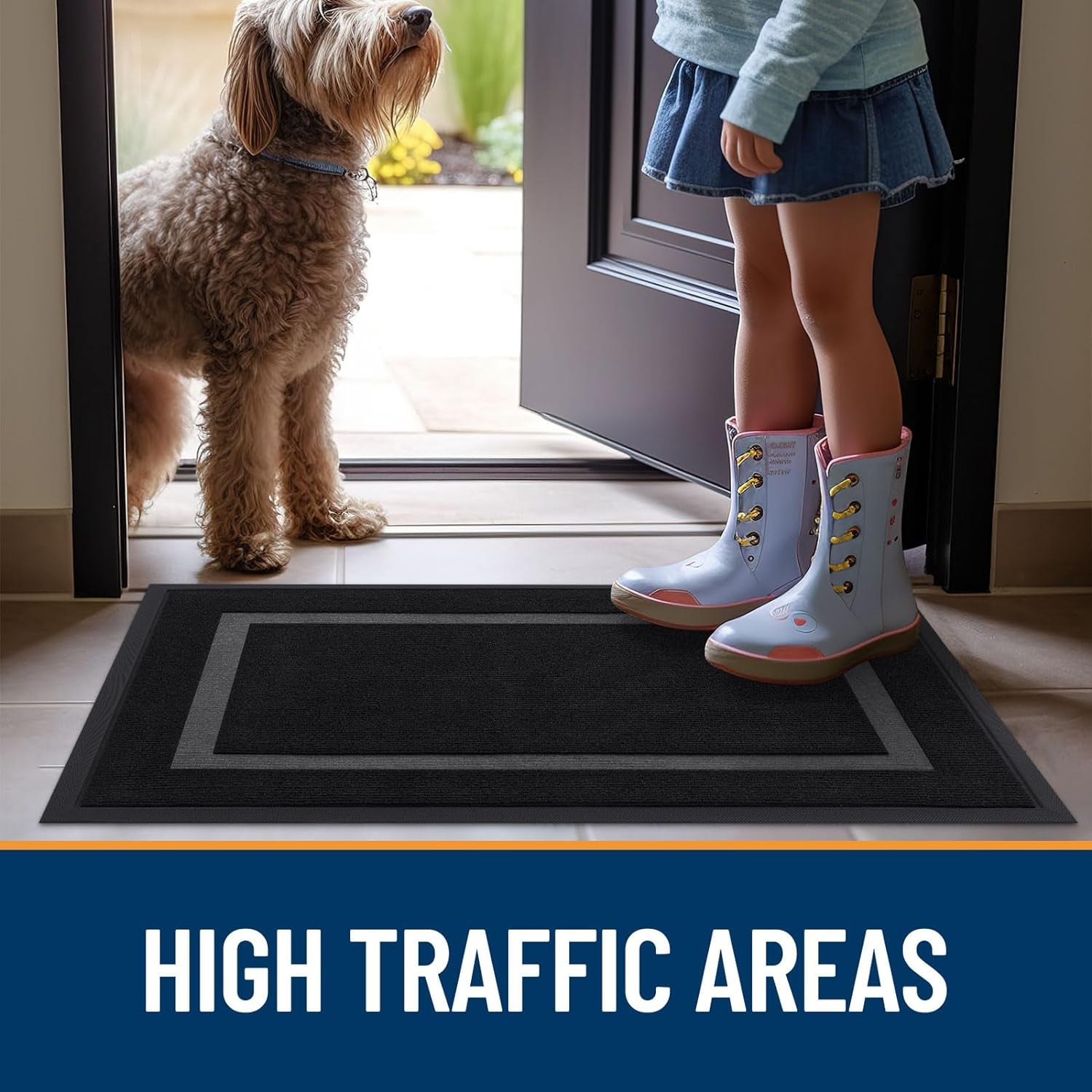 Front Door Mat Indoor Outdoor Entrance, Waterproof All-Season, All-Weather Doormat, Sturdy Natural Rubber, Fade Resistant, Low Profile, Easy Clean Patio Porch Entryway Mat, 29.5X17, Black
