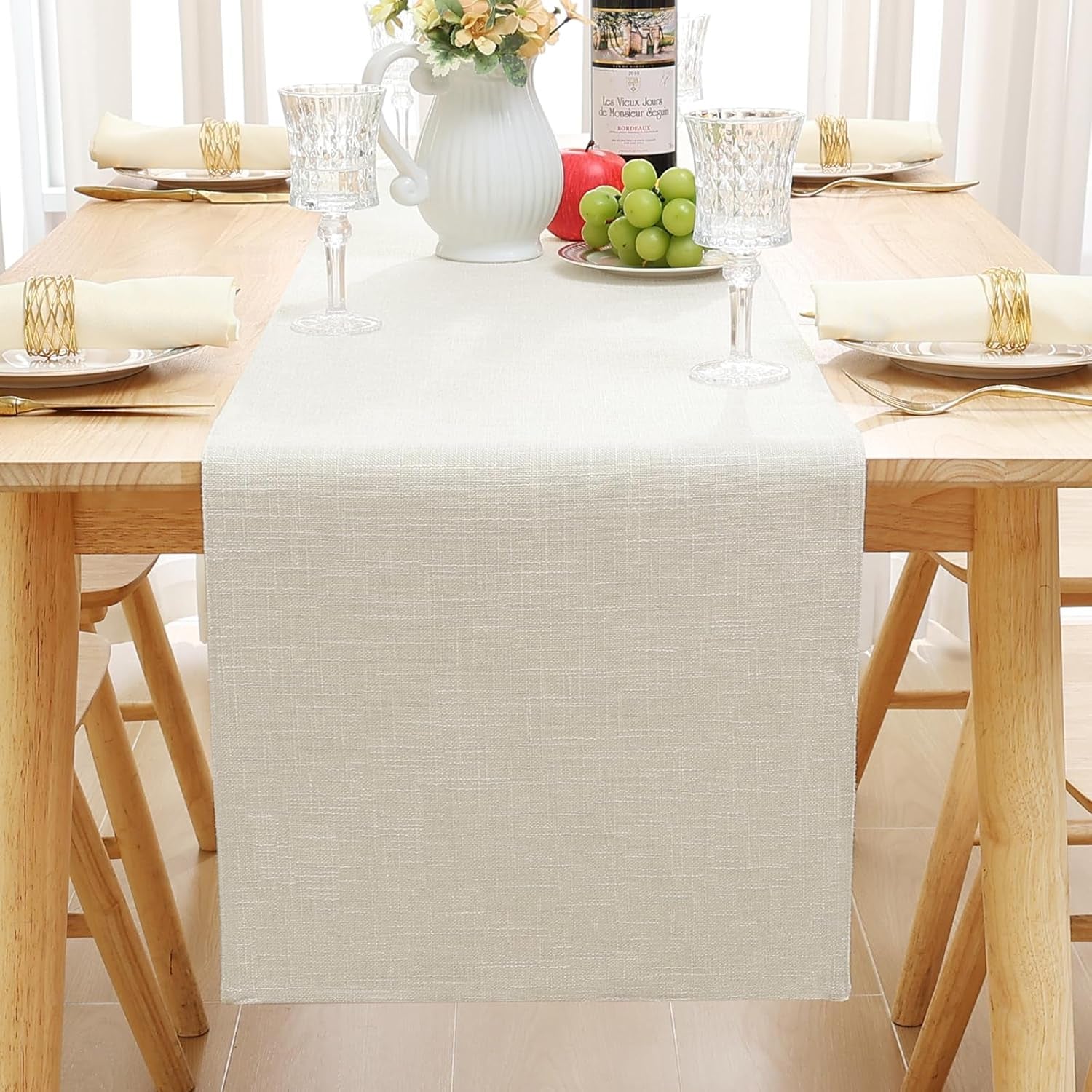 Cream Cloth Table Runner – Cotton Linen Blend Washable Farmhouse Dining Table Runner for Indoors & Outdoors, Easy to Clean, 14" X 72"