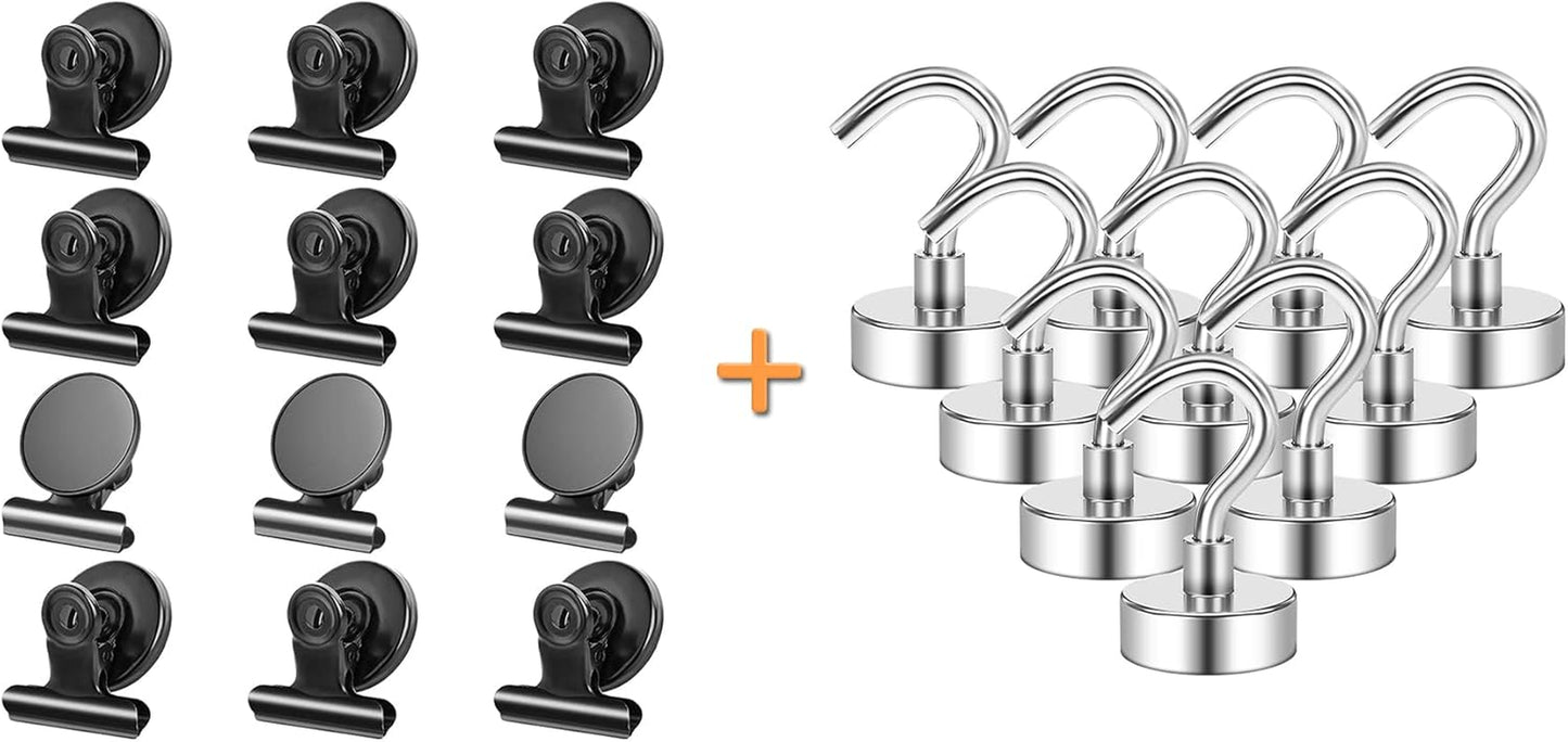 12Pack Fridge Magnets Refrigerator Magnets Magnetic Clips, 10Pack 25LBS Magnetic Hooks Heavy Duty Neodymium Magnet Hooks