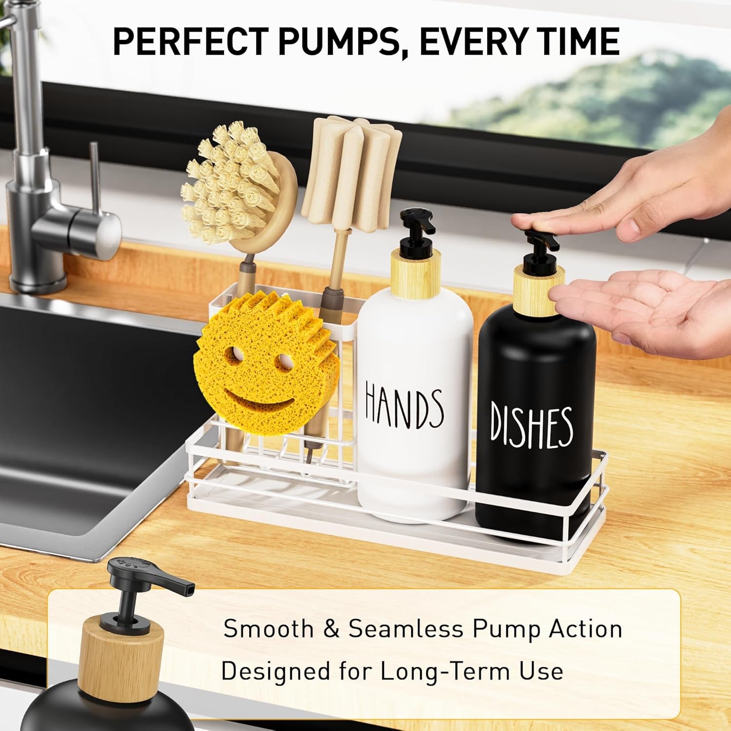 Kitchen Dish Soap Dispenser Set, 16OZ Glass Bottle, Hand and Dish Soap Dispenser Set, Instant Dry Tray, Non-Slip Silicone Pad, Brush Holder with Smiley Face Sponge Holder, Kitchen Decor