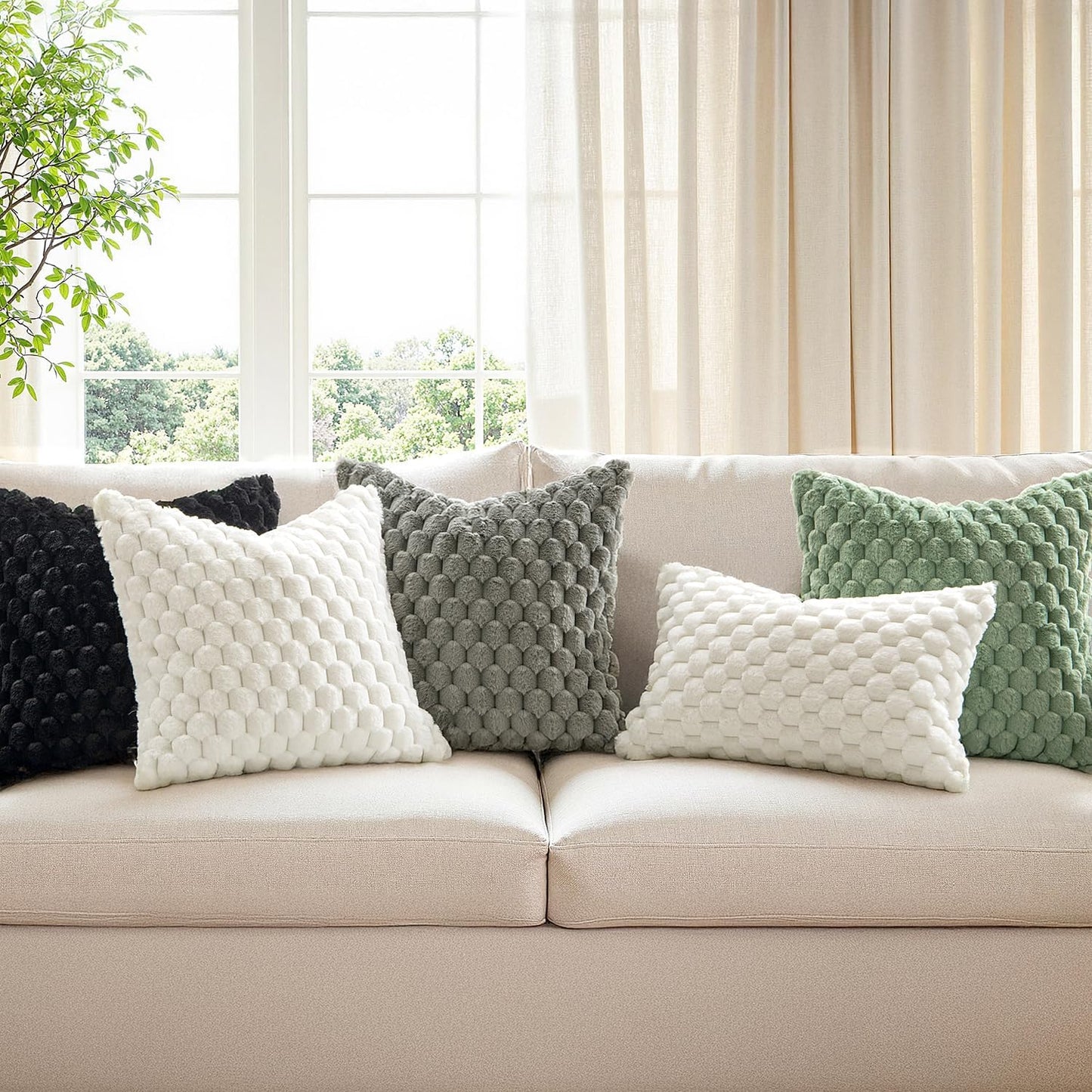 Sage Green Faux Fur Decorative Throw Pillow Covers 18X18 Inch Set of 2 Super Soft Cozy Plush Cushion Cases Luxury Fluffy Pillowcases for Sofa Couch Bed Living Room