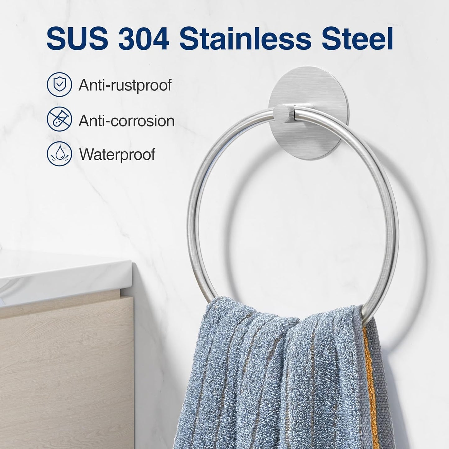 Nickel Brushed Bathroom Towel Ring - SUS304 Stainless Steel Bathroom Towel Rack,  Adhesive Wall Mounted Hand Towels Holder, Towel Hanger for Bathroom Organizer, Kitchen Storage