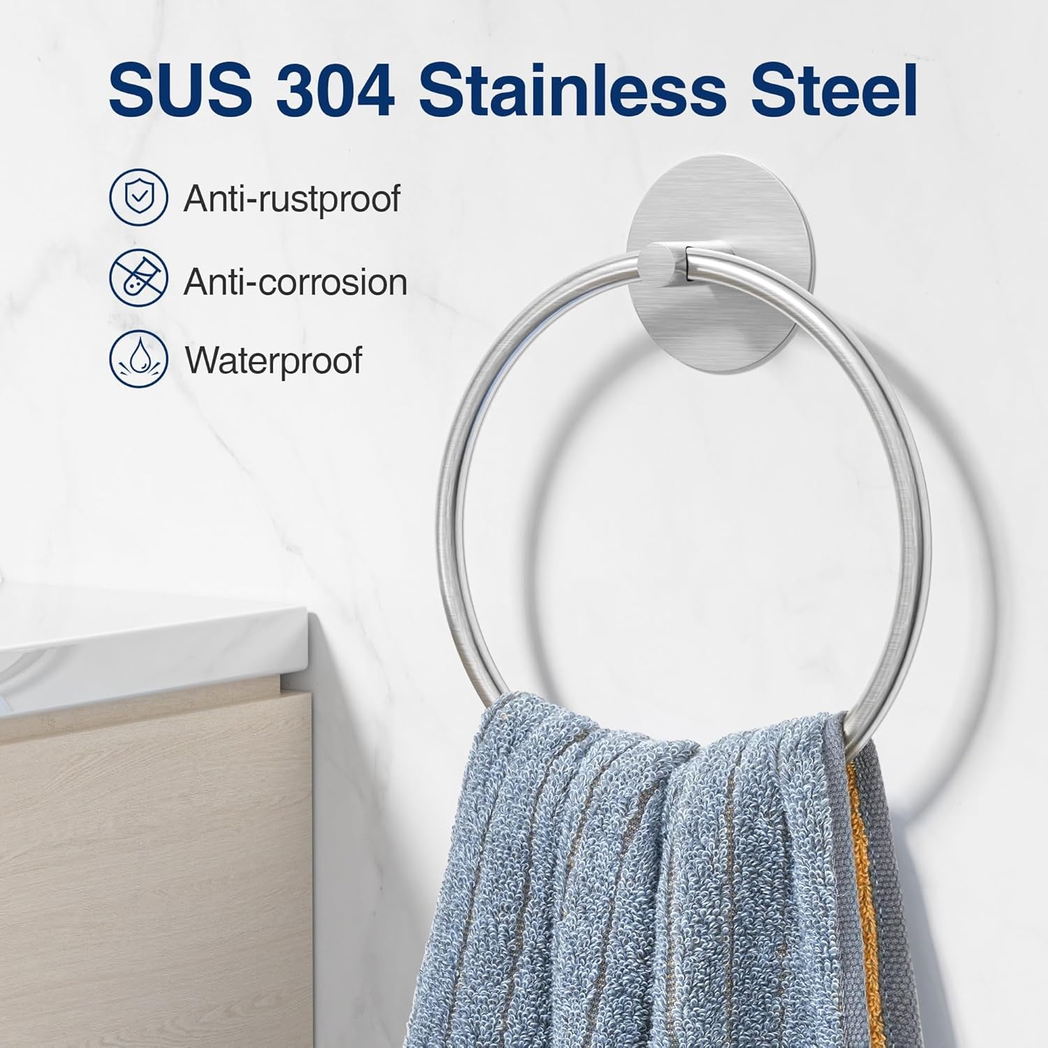 Nickel Brushed Bathroom Towel Ring - SUS304 Stainless Steel Bathroom Towel Rack,  Adhesive Wall Mounted Hand Towels Holder, Towel Hanger for Bathroom Organizer, Kitchen Storage