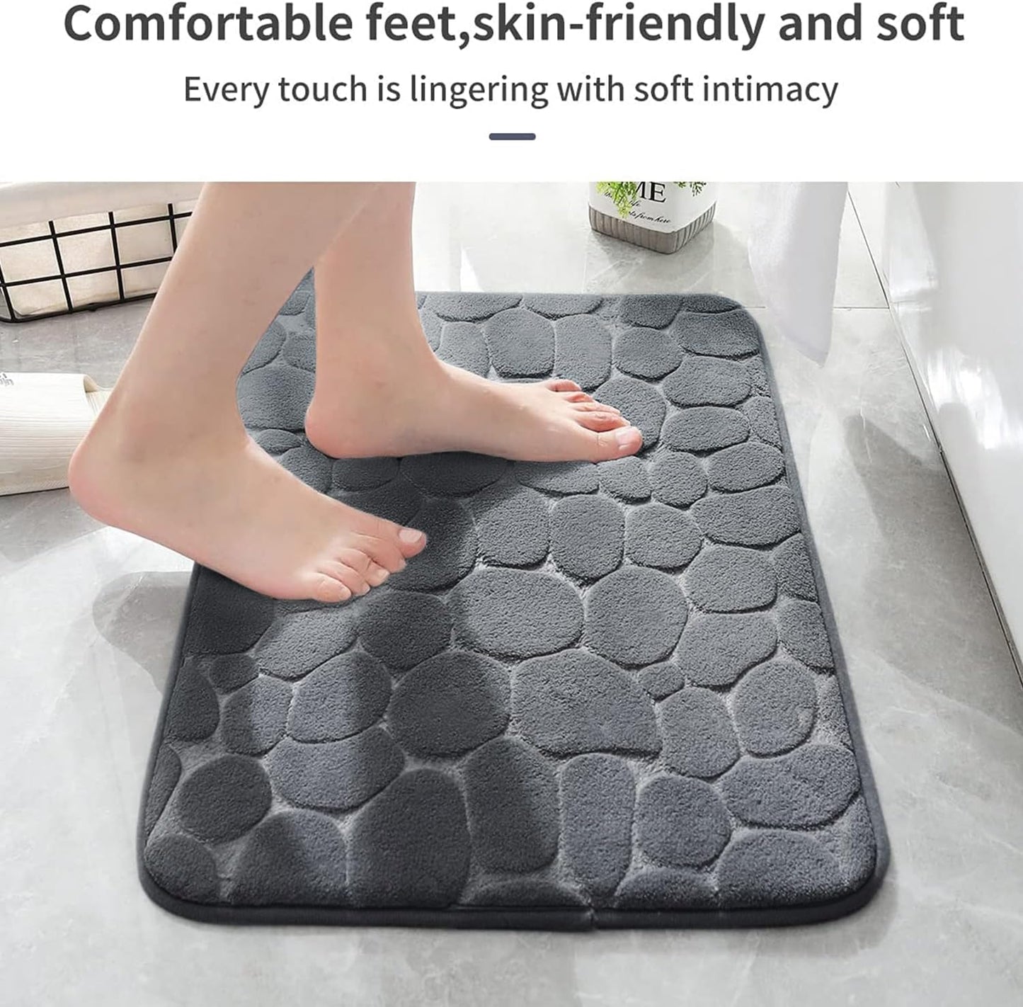 Memory Foam Non-Slip Bathroom Mat, Absorbent Cobblestone Rug, Quick-Dry Washable Floor Mat (17x24, Dark Gray)