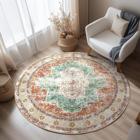 4Ft Area Rugs Machine Washable No Pile Non Slip Vintage Rugs for Living Room&Bedroom&Dinning Room Bohemian Distressed Carpet Indoor,Brick