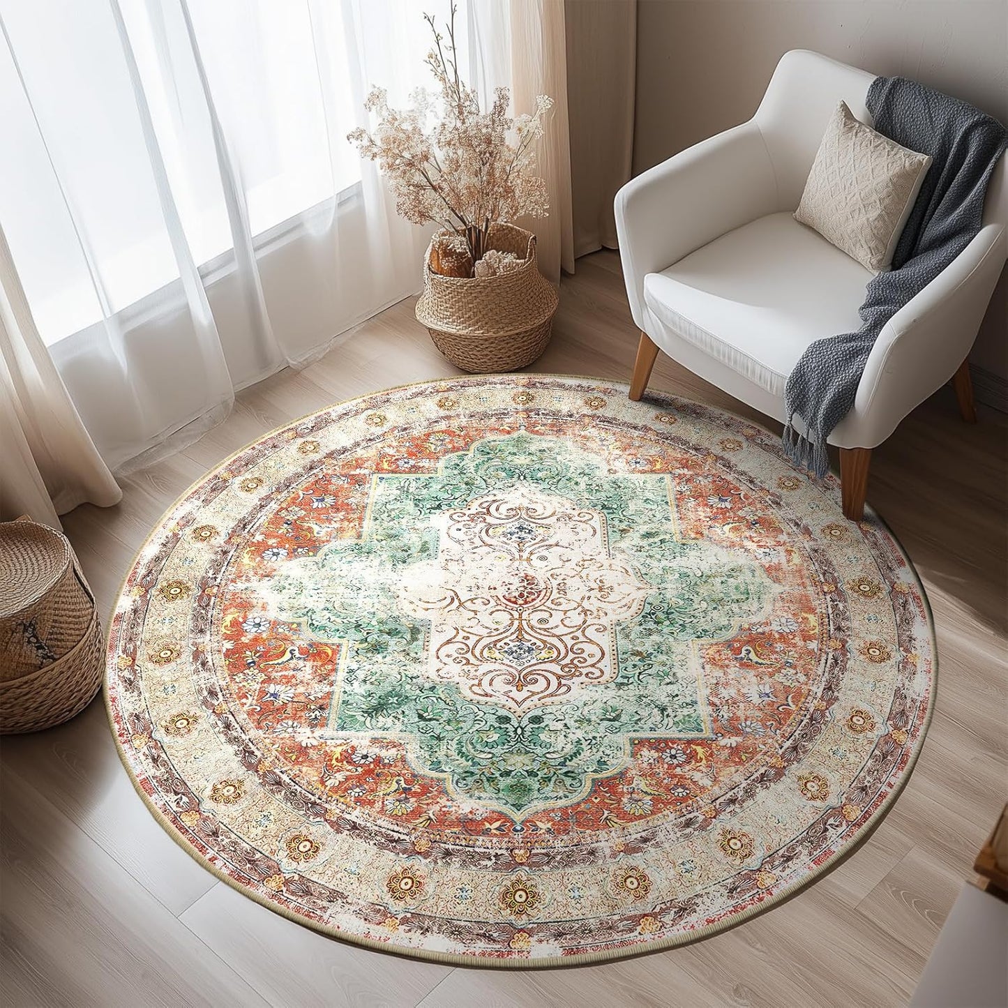 4Ft Area Rugs Machine Washable No Pile Non Slip Vintage Rugs for Living Room&Bedroom&Dinning Room Bohemian Distressed Carpet Indoor,Brick