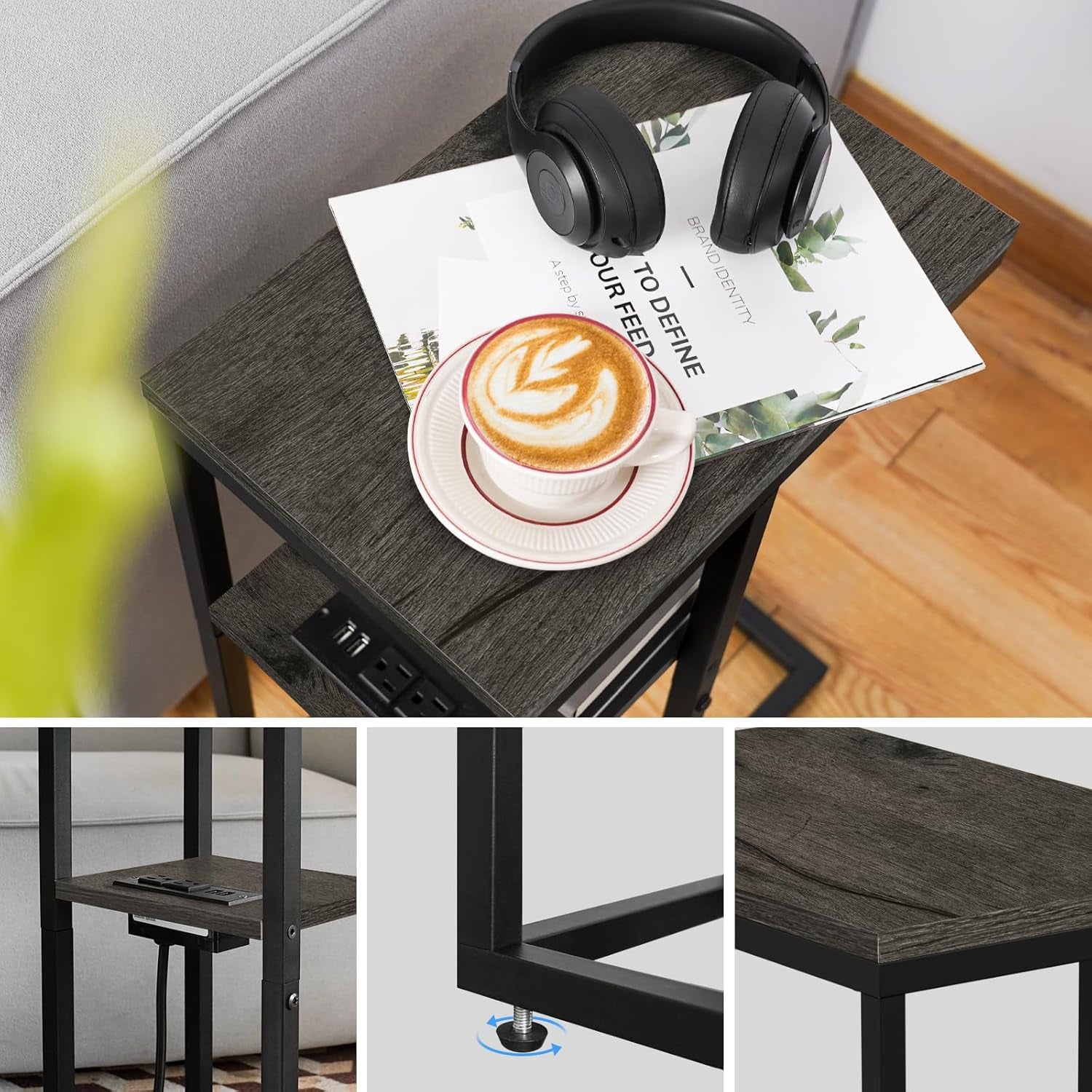C Shaped End Table with Charging Station for Living Room, Bedroom, Sofa Table with USB Ports and Outlets for Small Spaces, C Couch Rustic Snack Bed Table, Charcoal Gray
