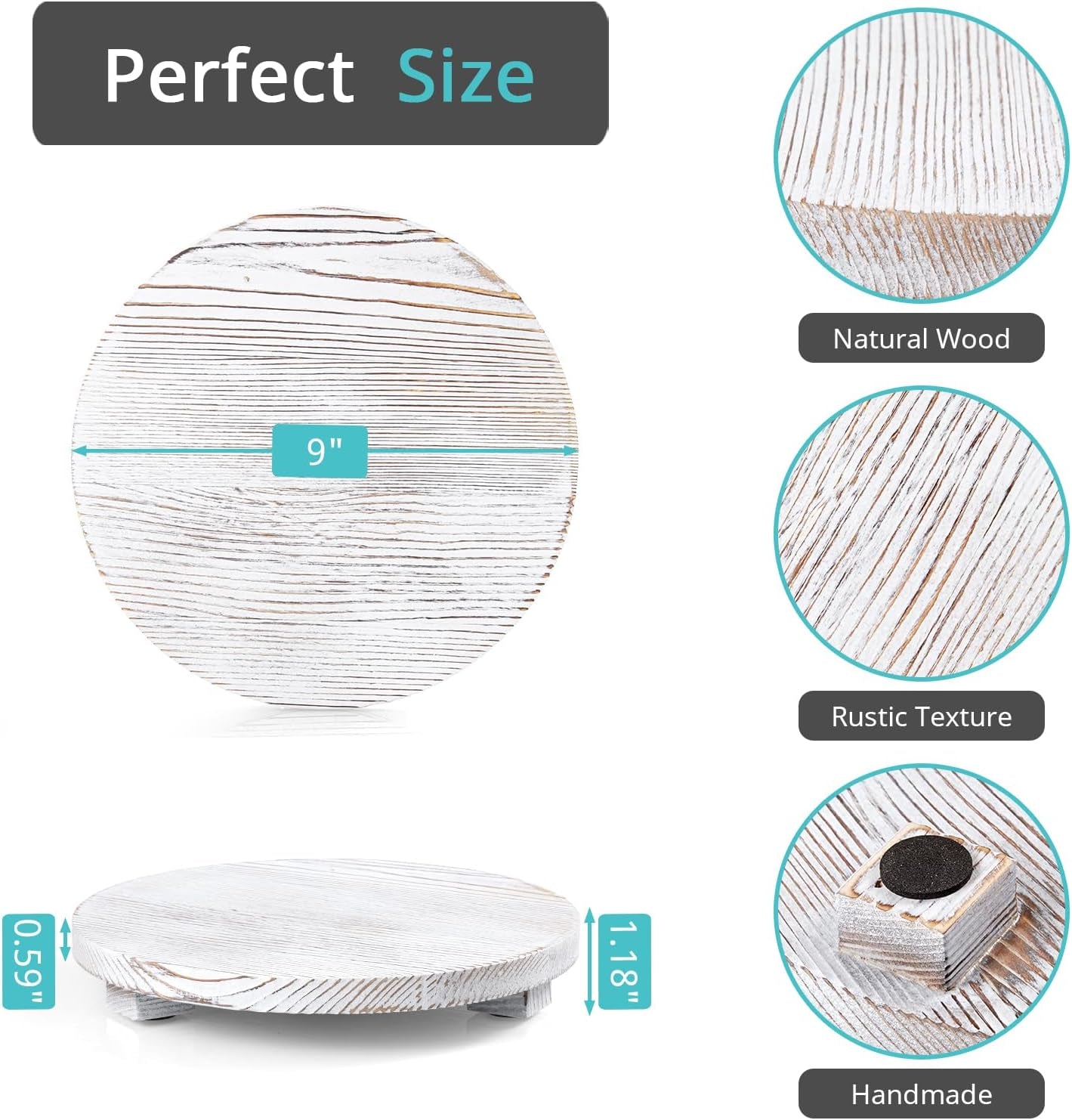 Round Wood Tray Farmhouse Bathroom Decor Pedestal Stand Decorative Kitchen Vanity Counter Sink Accessories Wooden Riser for Soap Dish, Perfume, Candle, Sponge, 9", Rustic White