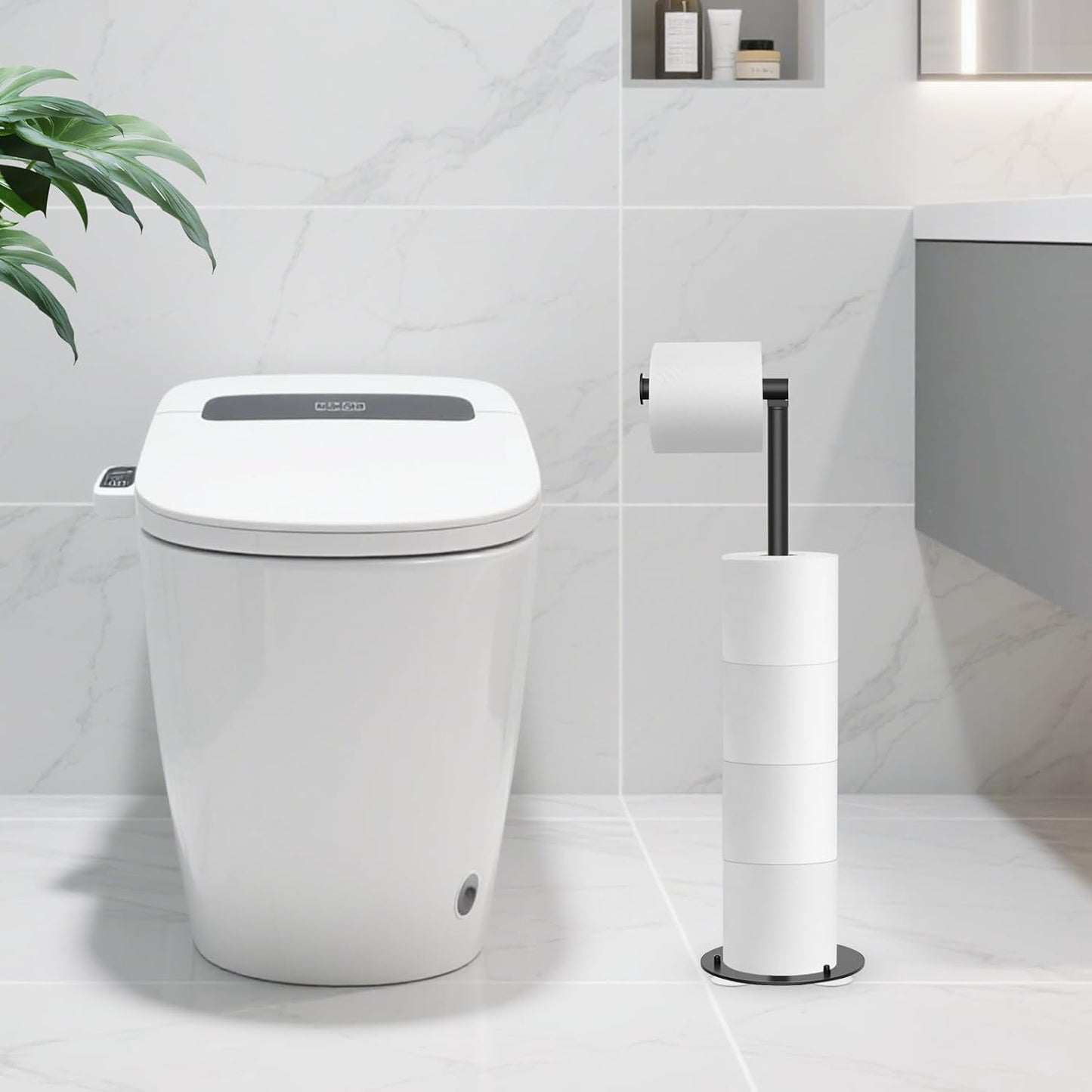 Suction Cup Toilet Paper Holder Stand Free Standing Toilet Paper Holder with Suction Cups, Stainless Steel Toilet Paper Storage for Bathroom, Weighted Base, Black