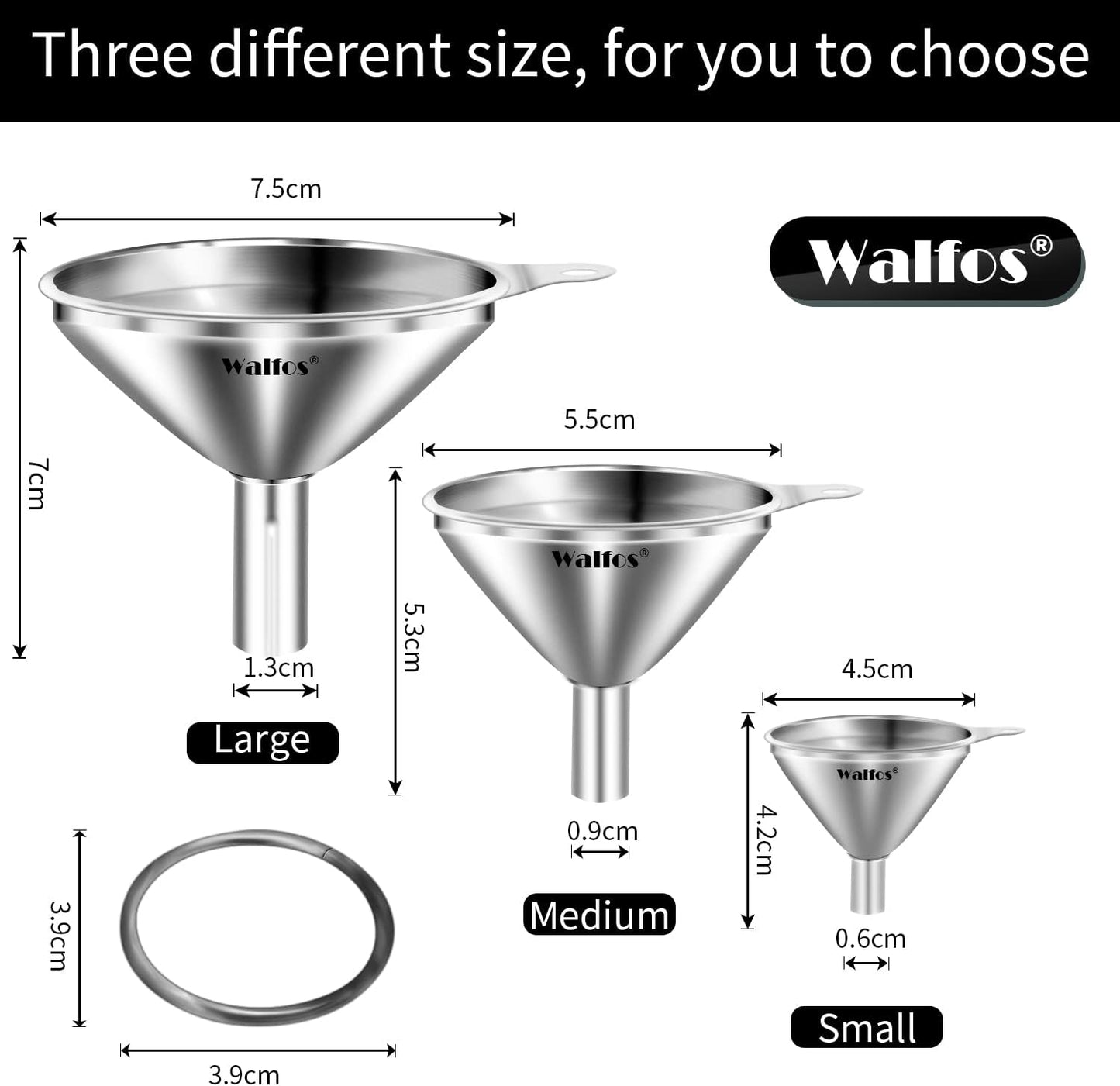 Mini Stainless Steel Funnels, Multi-Use Small Kitchen Funnel Set, for Transferring Liquid, Fluid, Essential Oils, Powder,Tiny Spices,Long-Lasting and Dishwasher Safe (3 In、2.2 In、1.7In)
