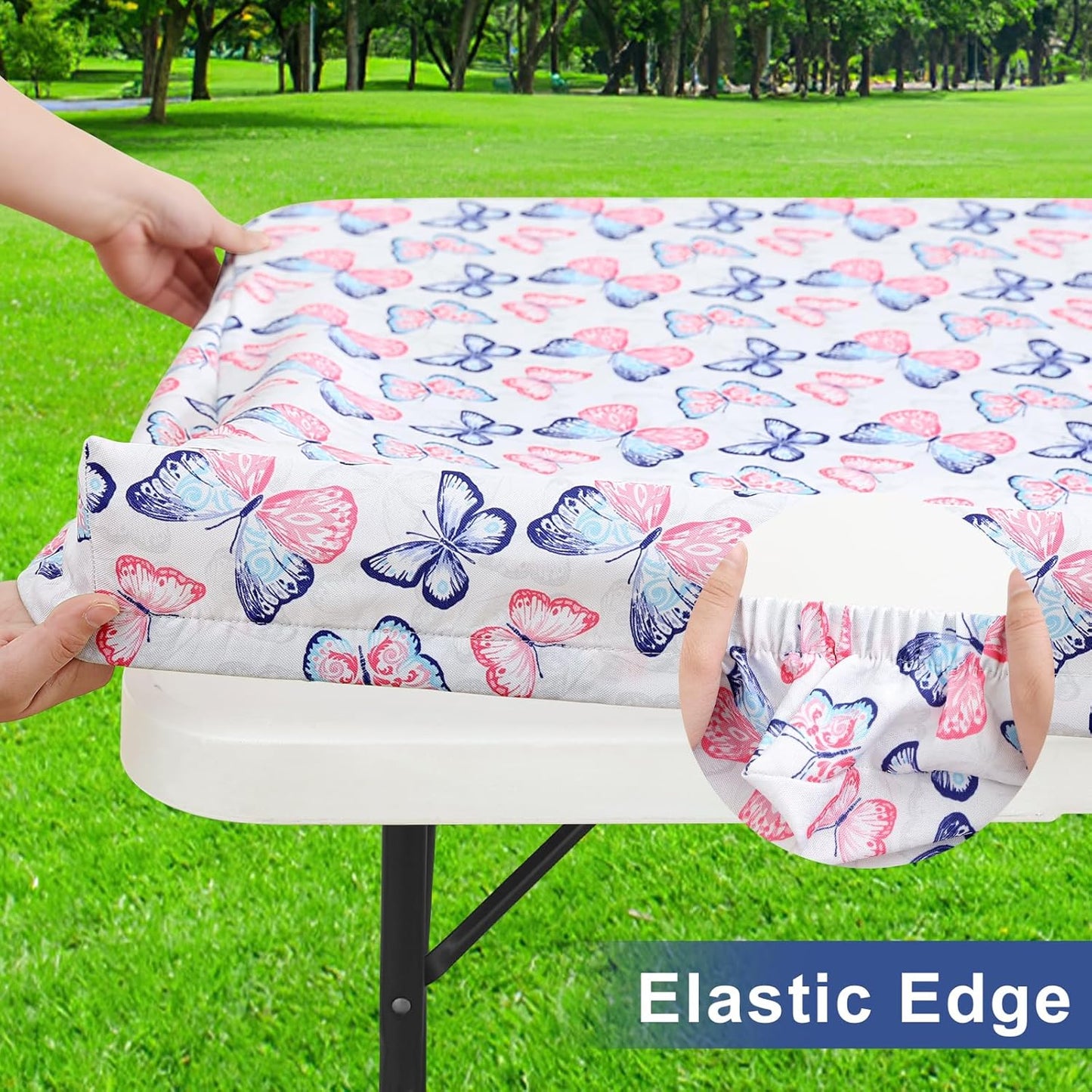 Rectangle Printed Fabric Tablecloth, Elastic Fitted Table Cloth for 6 Foot Table, Washable Polyester Table Cover for Outdoor, Picnic, Camping and Indoor, (Butterflies, 30" X 72")