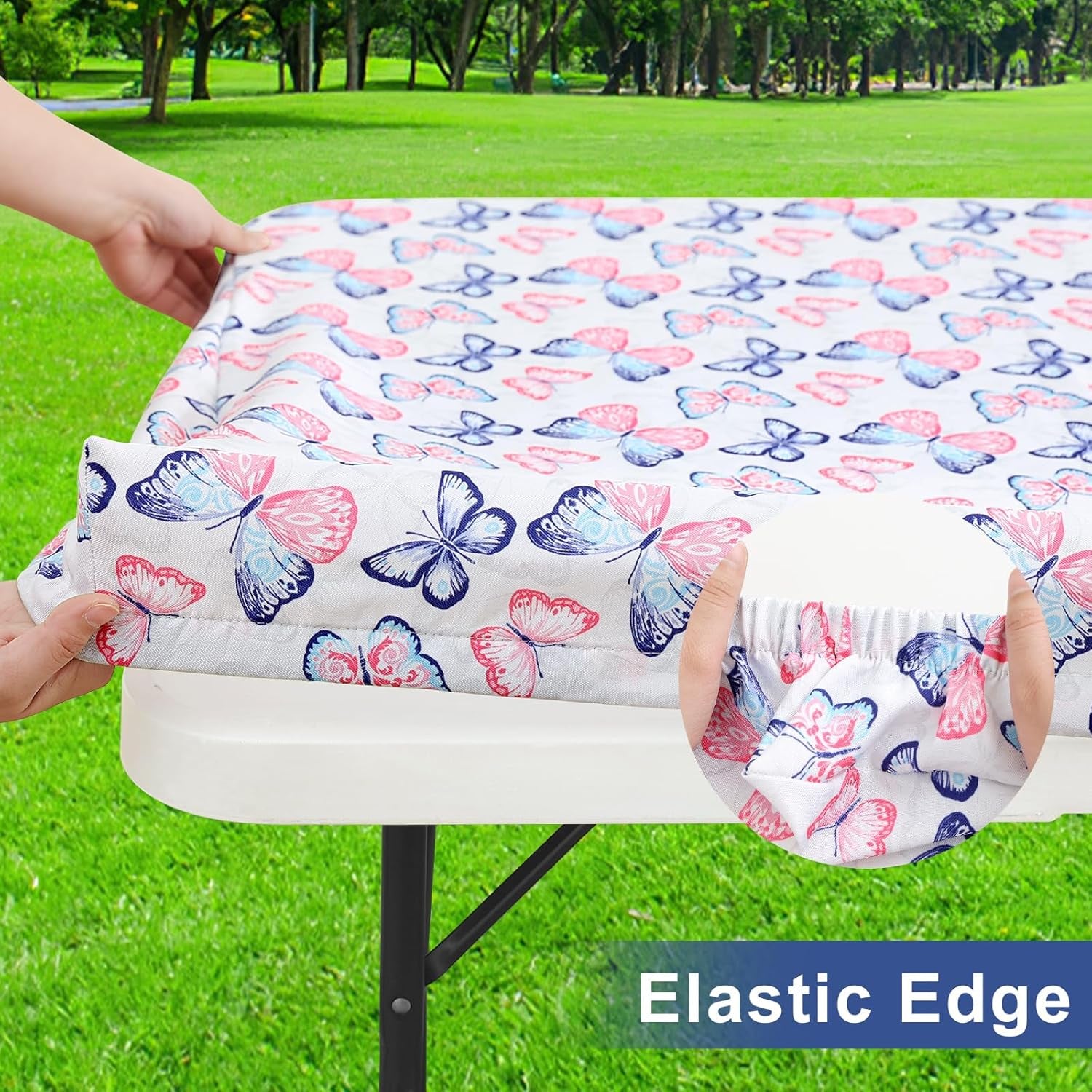 Rectangle Printed Fabric Tablecloth, Elastic Fitted Table Cloth for 6 Foot Table, Washable Polyester Table Cover for Outdoor, Picnic, Camping and Indoor, (Butterflies, 30" X 72")