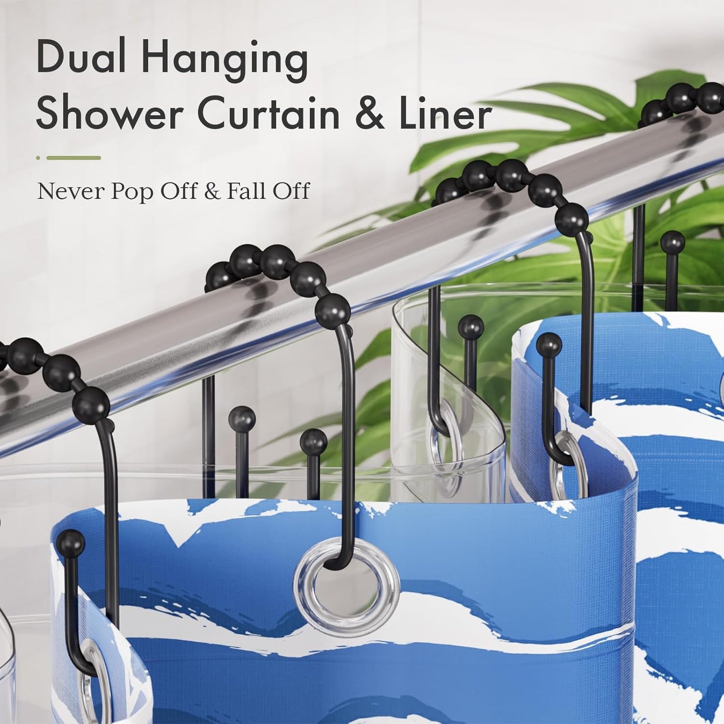 Shower Curtain Hooks, Black Rust Proof Non-Slip Double Hooks for Shower Curtain, Sturdy Metal Rings Bathroom 12Pcs