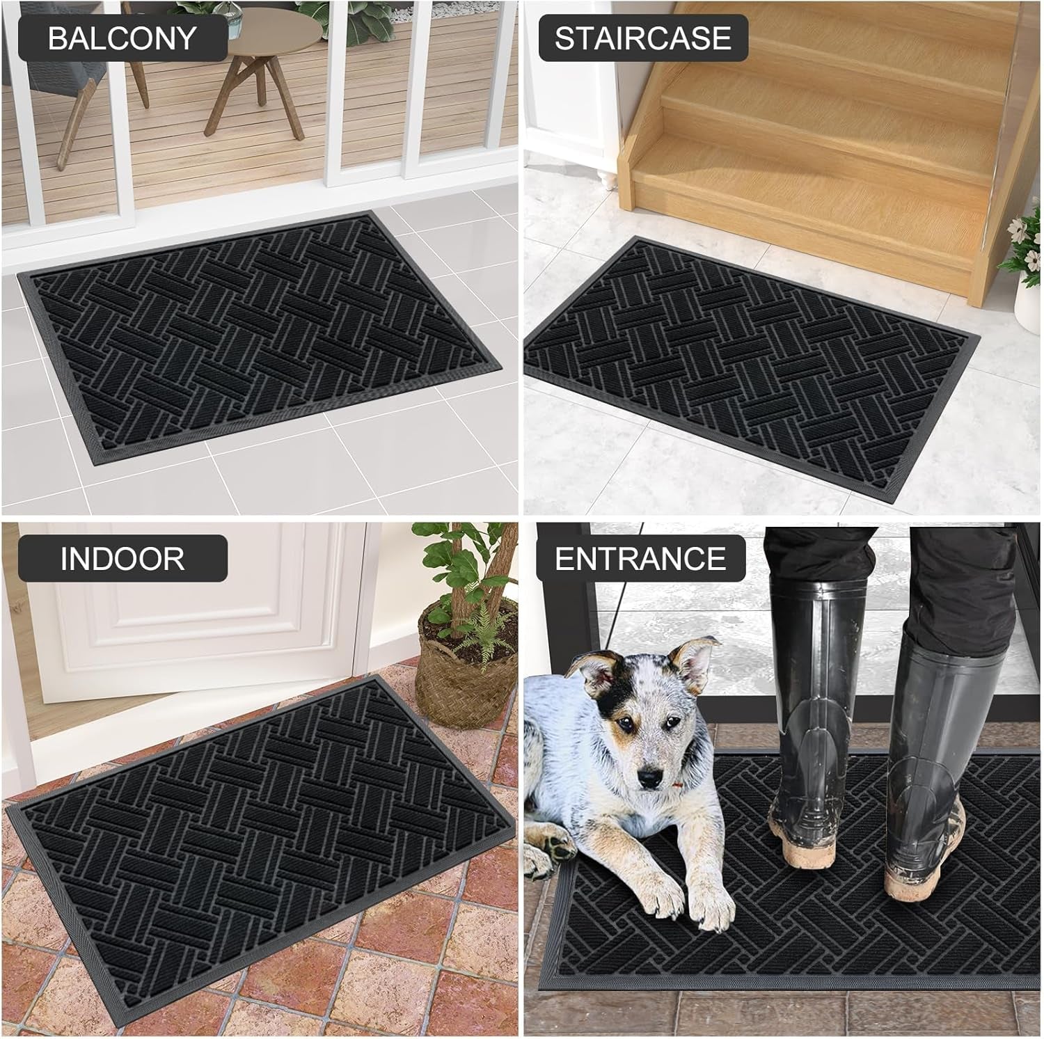 Indoor Outdoor Mat, Sturdy Natural Rubber Floor Mat, Non Slip Low Profile Waterproof Doormat, and Stain Front Door Mats, Easy Clean Patio Entrance Mat, 30''X17'', Black