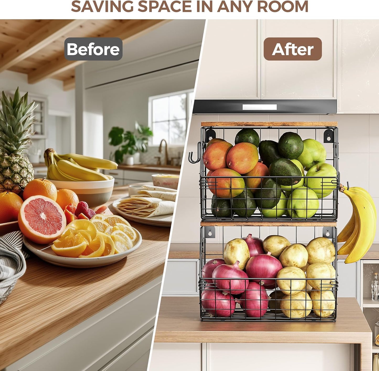 Stackable Metal Fruit Basket with Wood Lid 2-Pack,Hanging Wall Organizer for Kitchen Counter,Pantry Storage for Onions,Potatoes,Fruits,Spices,Black