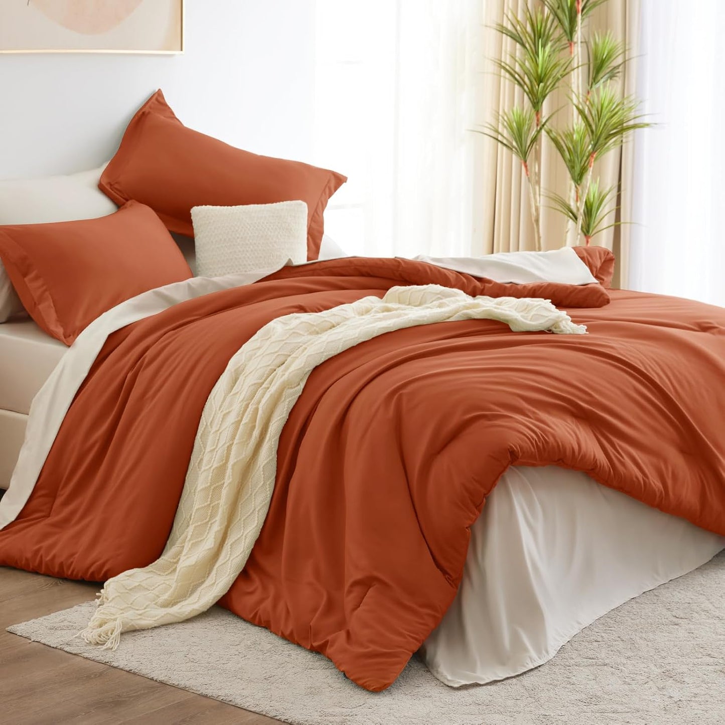King Size Comforter Set Burnt Orange and Beige, 7 Pieces King Bedding Set Contrasting Design with Comforter, Flat Sheets, Fitted Sheet, Pillowcases & Shams, Bed in a Bag for All Season