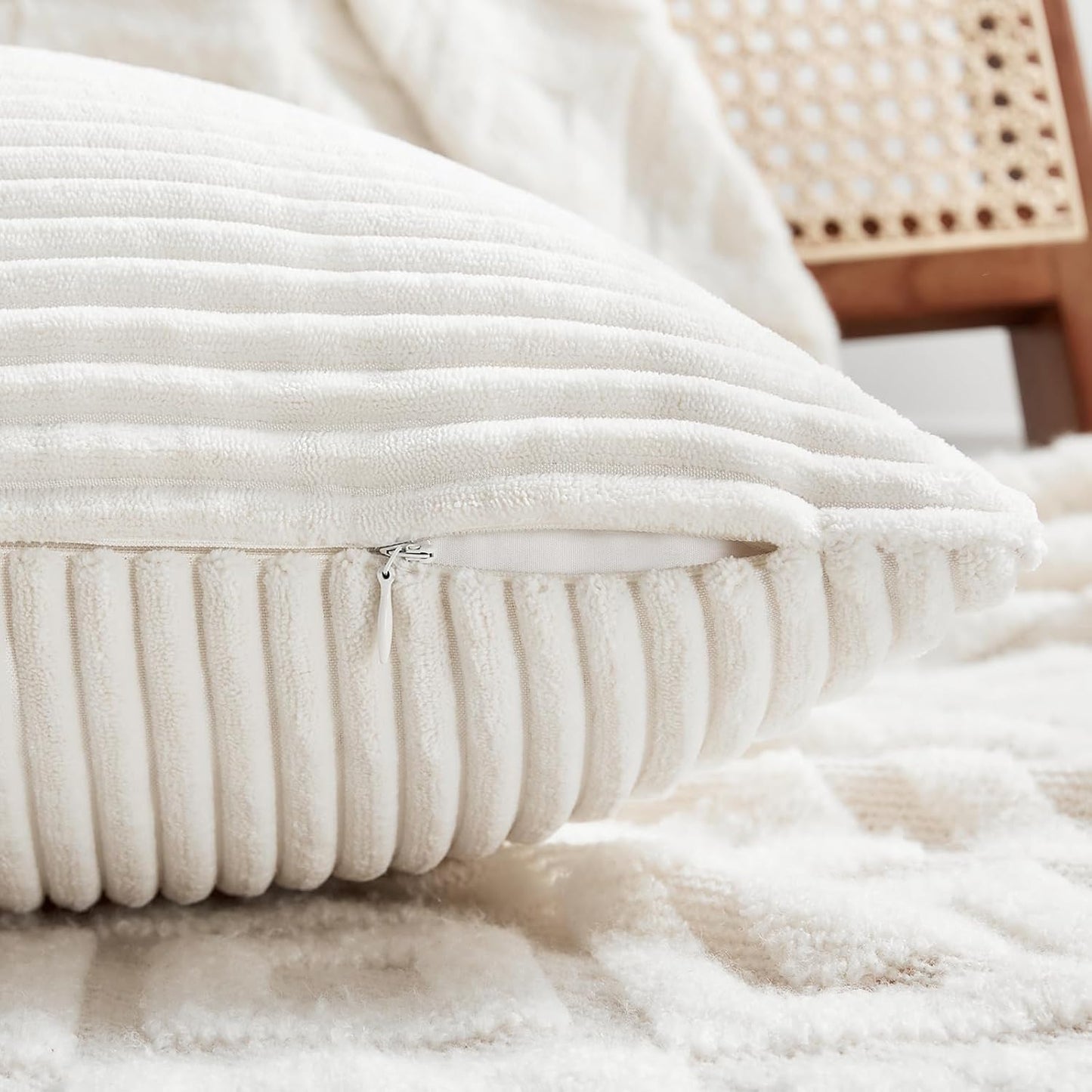 Cream White Lumbar Decorative Throw Pillow Covers 12X20 Inch for Living Room Couch Bed Sofa, Rustic Farmhouse Boho Home Decor, Soft Striped Corduroy Rectangle Accent Cushion Case 30X50 Cm