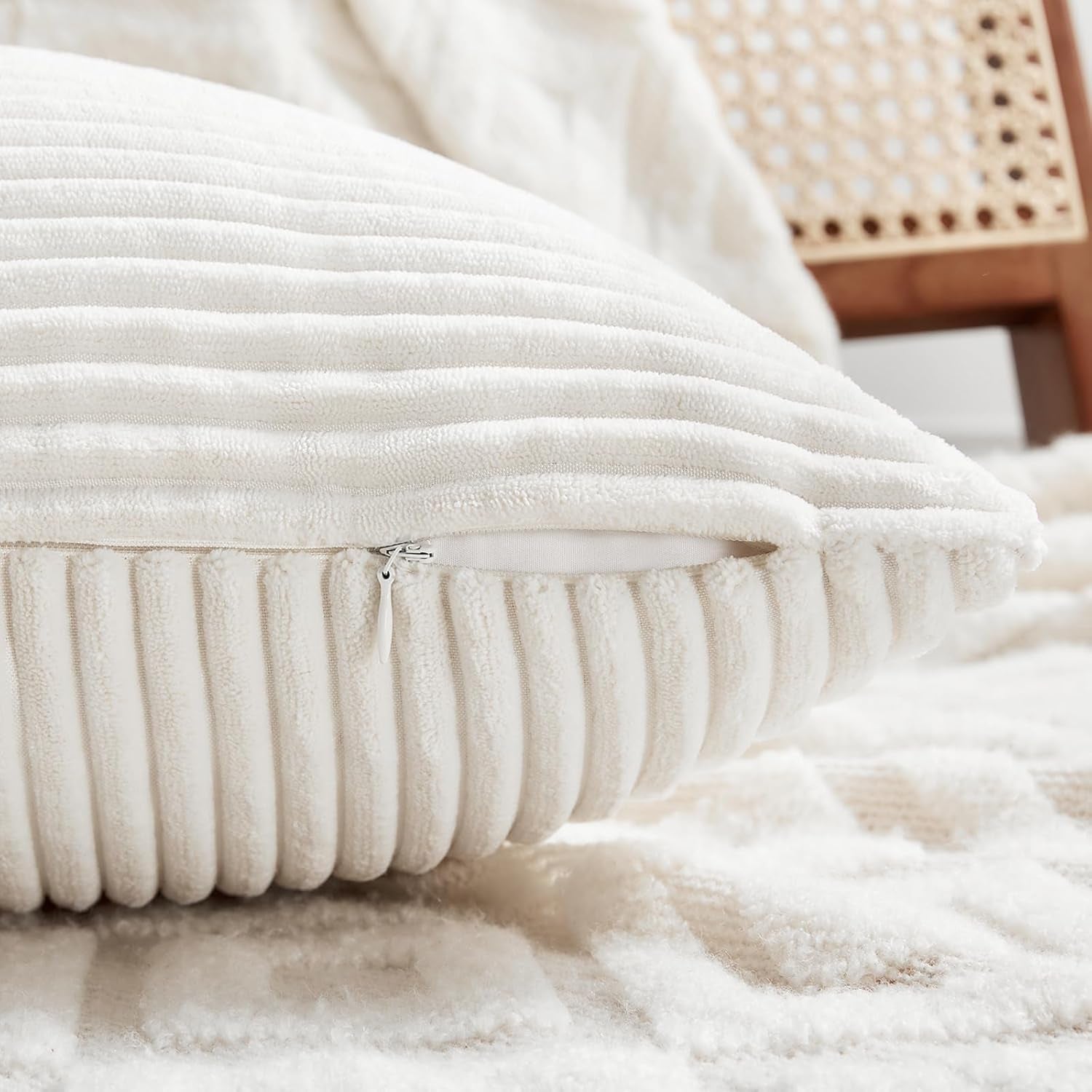 Cream White Lumbar Decorative Throw Pillow Covers 12X20 Inch for Living Room Couch Bed Sofa, Rustic Farmhouse Boho Home Decor, Soft Striped Corduroy Rectangle Accent Cushion Case 30X50 Cm