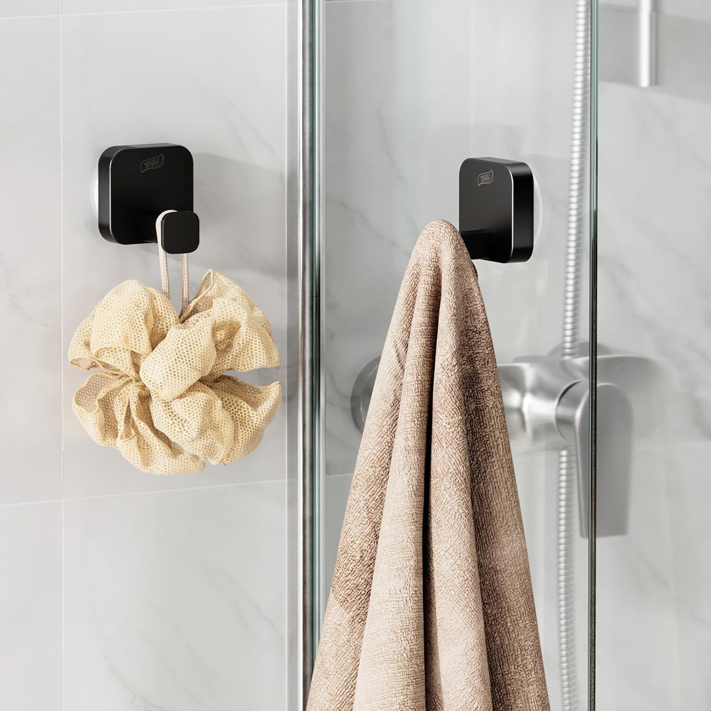 Stylish 304 Stainless Steel Bathroom Suction Hooks for Towel, Bathrobe, Loofah, No Damage Hanging Glass Shower Wall Hooks, Removable Patented Strong Suction Cup Holders, Hold up to 11 Lbs, Black