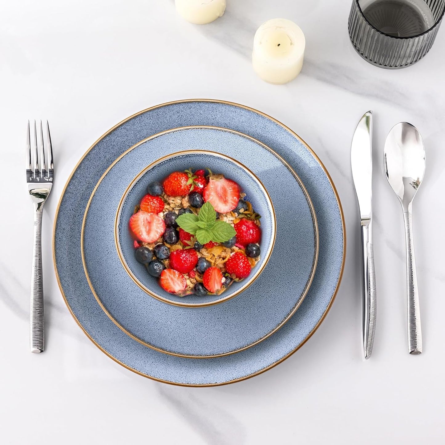 Ceramic Dinnerware Set for Four - 12-Piece Stoneware Plate and Bowl Collection with Reactive Glaze, Scratch Resistant, Dishwasher and Microwave Safe - Brunnera Blue