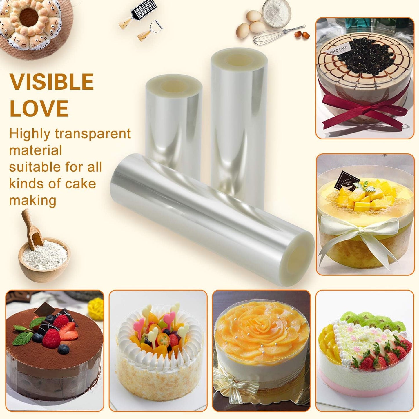 Transparent Acetate Cake Collars - 4 x 394 Inch Rolls (5.9 Mil Thickness) for Edge Decorating in Baking