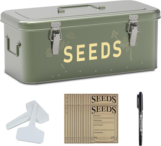 Metal Seed Storage Organizer with Lid, Includes 30 Plant Labels, 30 Seed Envelopes, and Marker Pen, Four-Compartment Design with Safety Locks, Blackish Green
