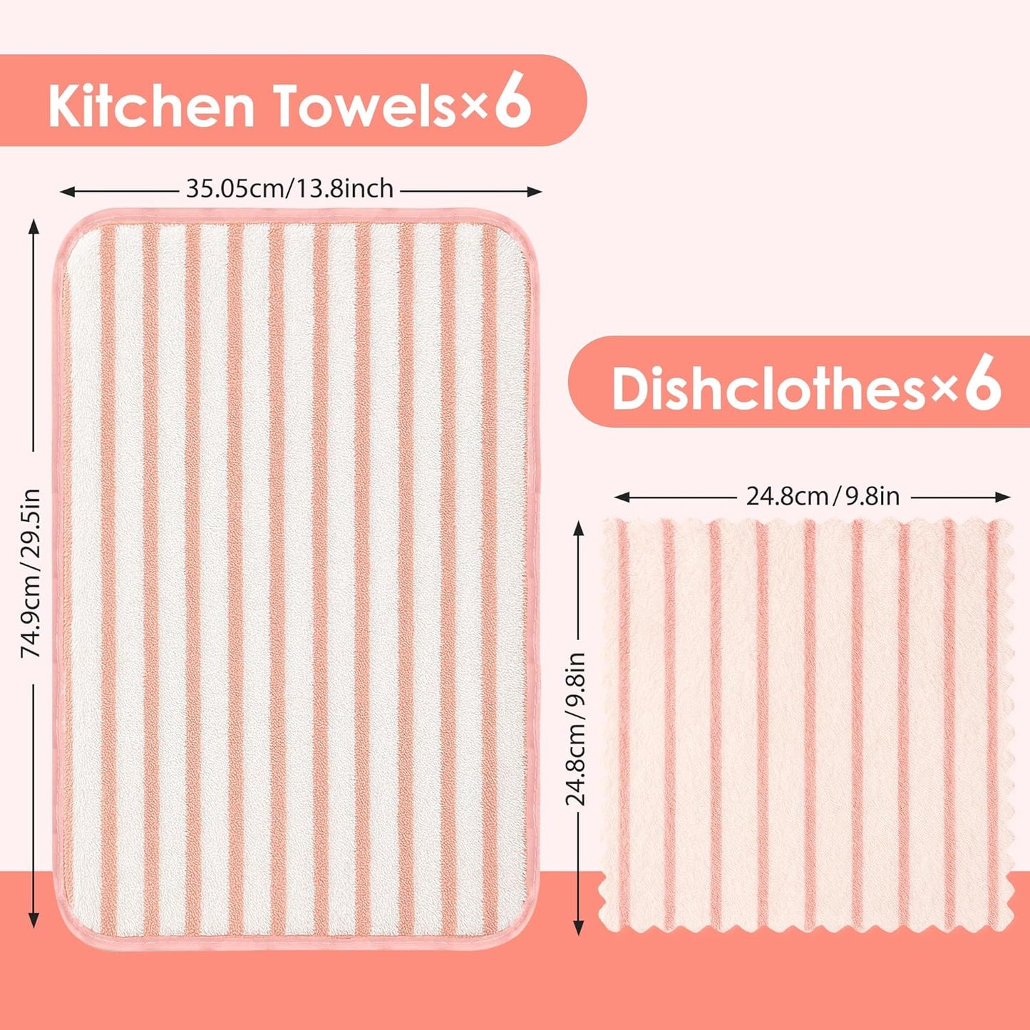 12 PCS Pink Kitchen Towels and Dishcloths Sets, Microfiber Cleaning Cloth, Dish Cloths for Washing Dishes, Drying Towel for Kitchen, Hand Rags with Hanging Loops