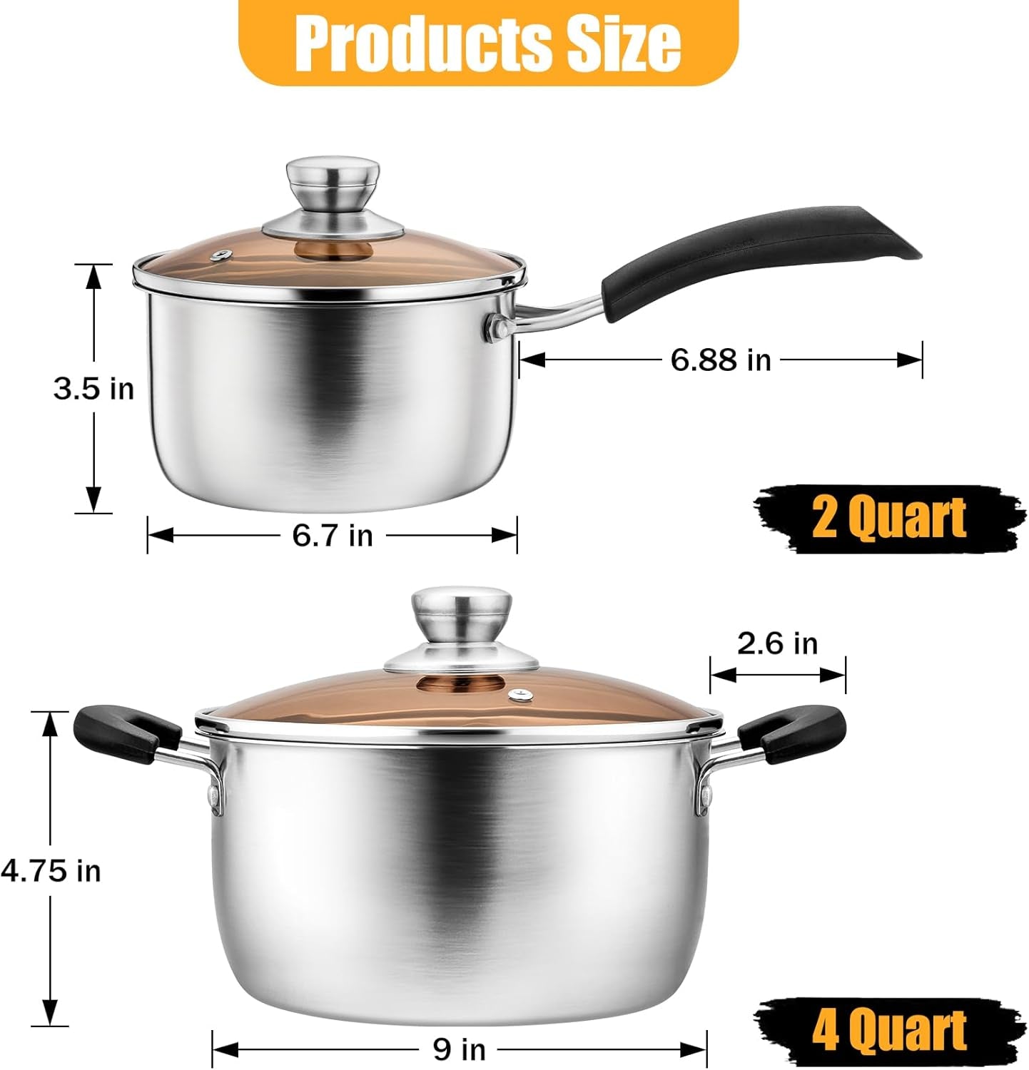 Saucepan and Stockpot Set, Stainless Steel Cooking Stock Pot with Lid, Good Cookware for Kitchen Cooking Boiling, Visible Lid & Heat-Proof Handle, Dishwasher Safe, 2QT & 4QT