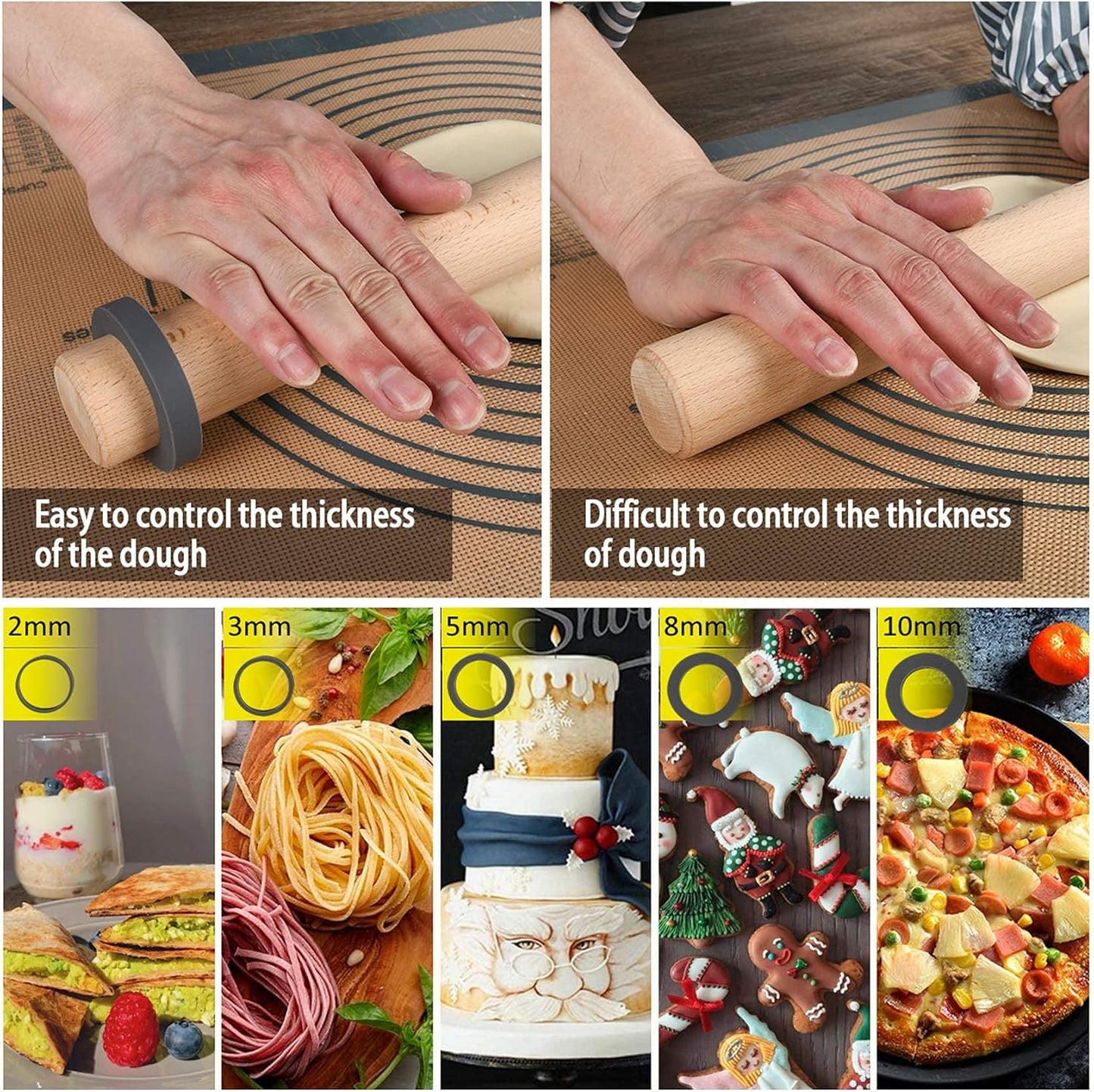 Silicone Guide Rings for Rolling Pin (10 Piece Set) Silicon Thickness Spacer Bands for Baking Dough Roller Fit 1.5 Inches(3.8Cm) Wide Roll Pins,By