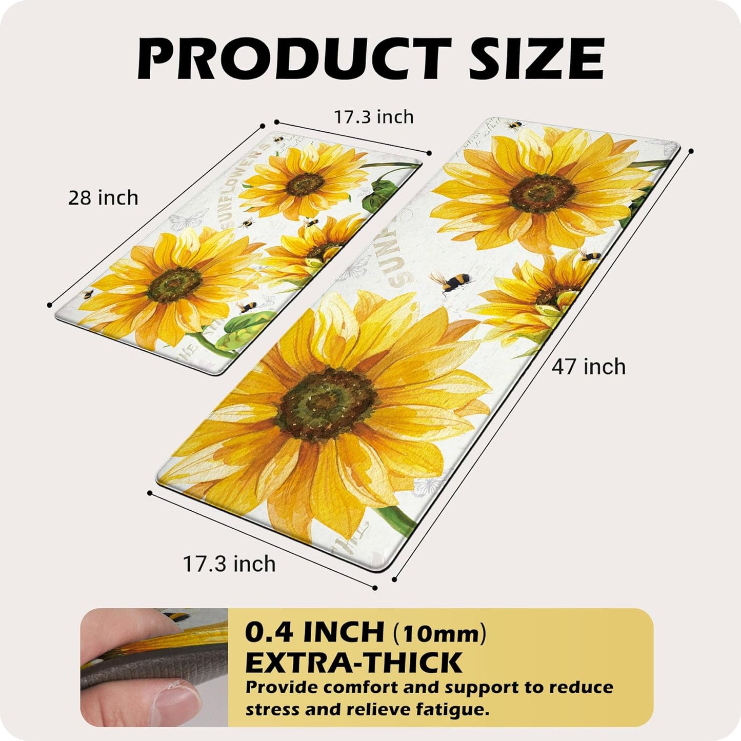 Vintage Yellow Sunflower Kitchen Rugs Mats Set of 2 Non-Slip Anti-Fatigue Kitchen Floor Mat Classic Farmhouse Blooming Sunflowers 0.4 Inch Thick Kitchen Mat for Kitchen, 17.3X28+17.3X47 Inch