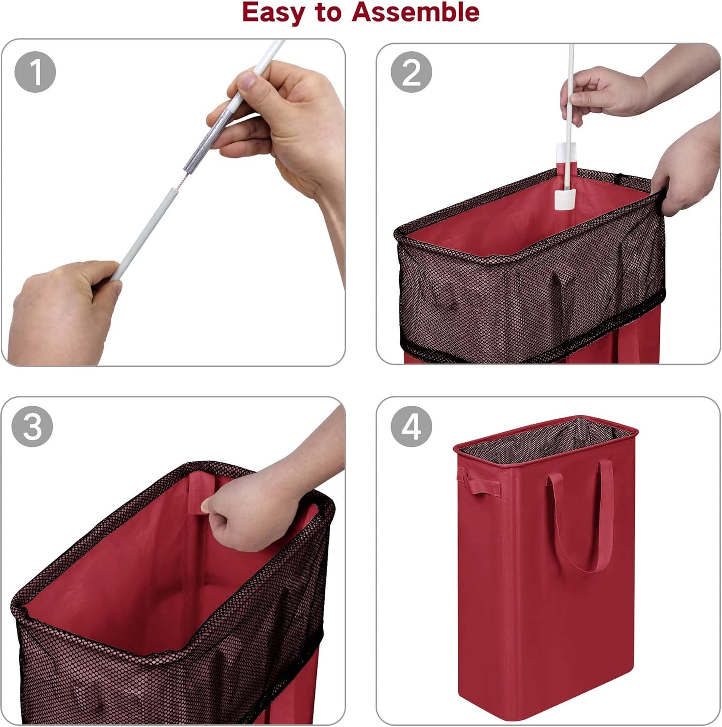 Slim Laundry Basket, Narrow Laundry Hamper with Handles, Collapsible Dirty Clothes Hamper, Tall Laundry Bin for Laundry Room, Dorm and Bedroom, 48L (12.7 Gallon) Burgundy Red
